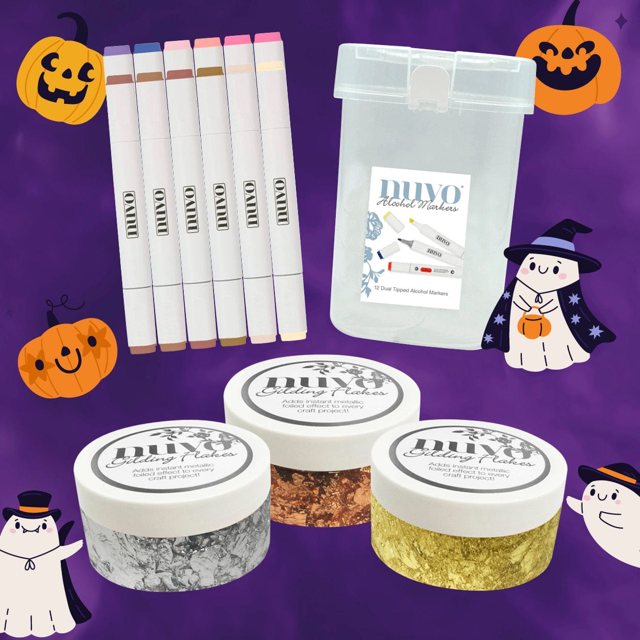 Nuvo Pens and Pencils “Haunted Glow” Halloween Craft Bundle – 12 Warm-Tone Dual-Tip Alcohol Markers + 3 Metallic Gilding Flake Jars + Storage Box (16 Items Total) – Blending, Colouring & Foil Art Set