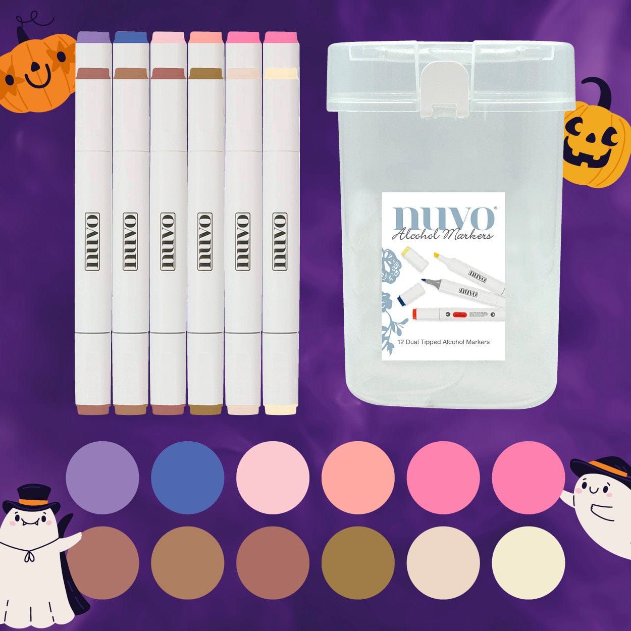 Nuvo Pens and Pencils “Pumpkin Glow” Halloween Marker Bundle – 12 Warm-Tone Dual-Tip Alcohol Markers + 1 Storage Box (13 Items Total) – Blending & Colouring Set for Spooky Season Crafts