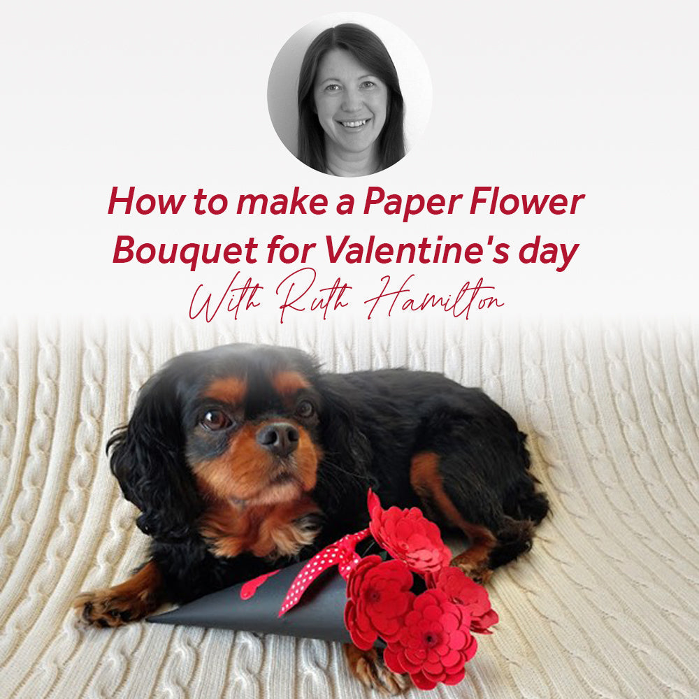 Red paper flower bouquet laid next to a black and tan Cavalier King Charles Spaniel