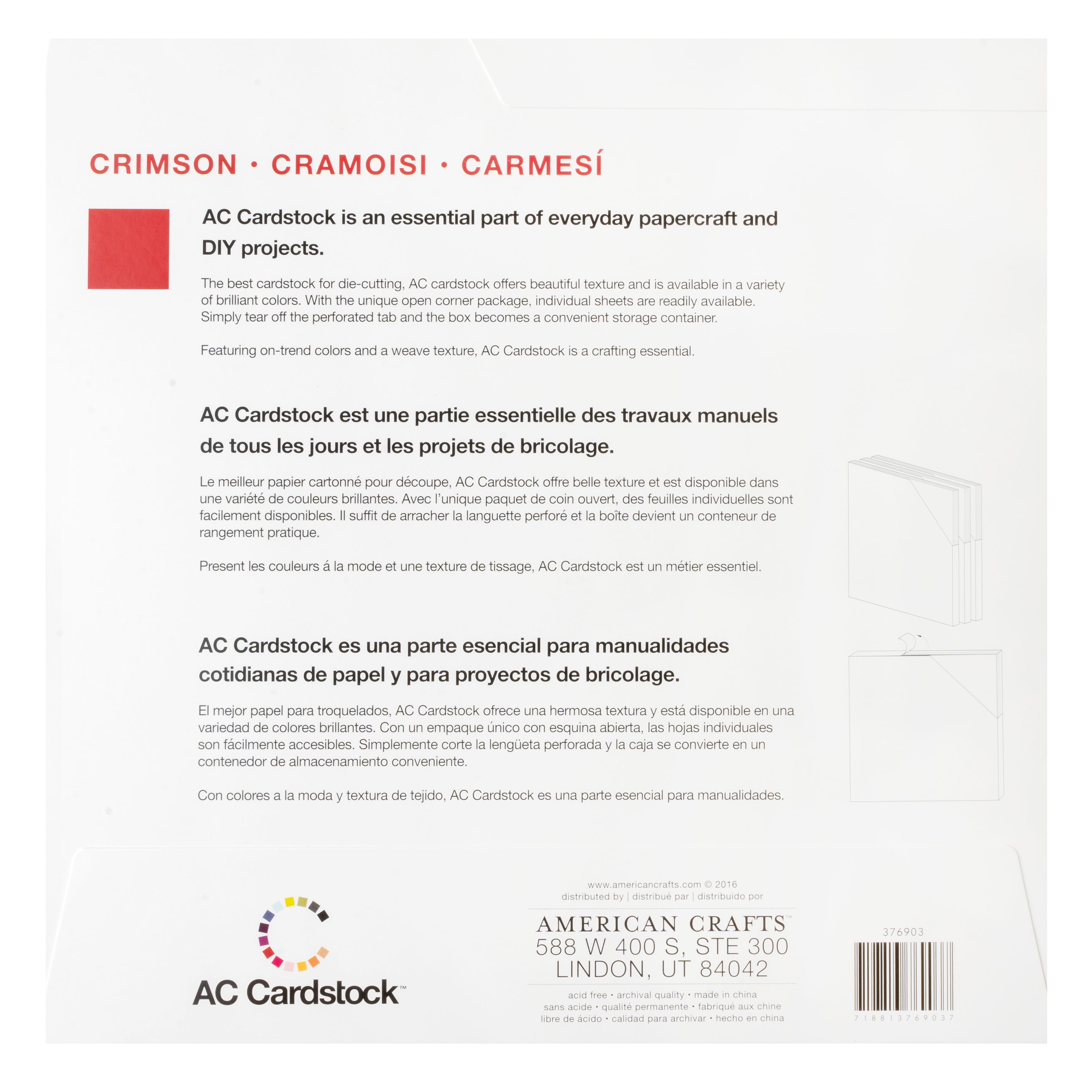 American Crafts Solid Color Papers American Crafts - 12" x 12" Solid Crimson Textured Cardstock – 60 Sheets