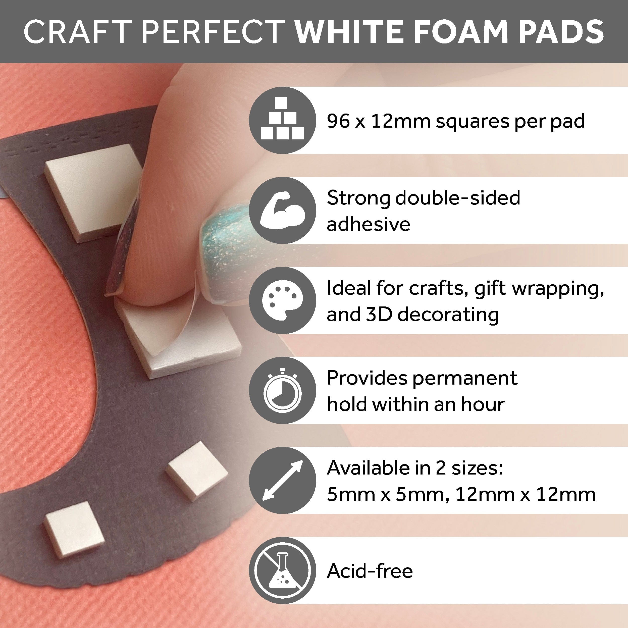 Craft Perfect Adhesives Craft Perfect - Adhesives - Dimensional Foam Pads - White -  12mm (96 pads)  - 9751e