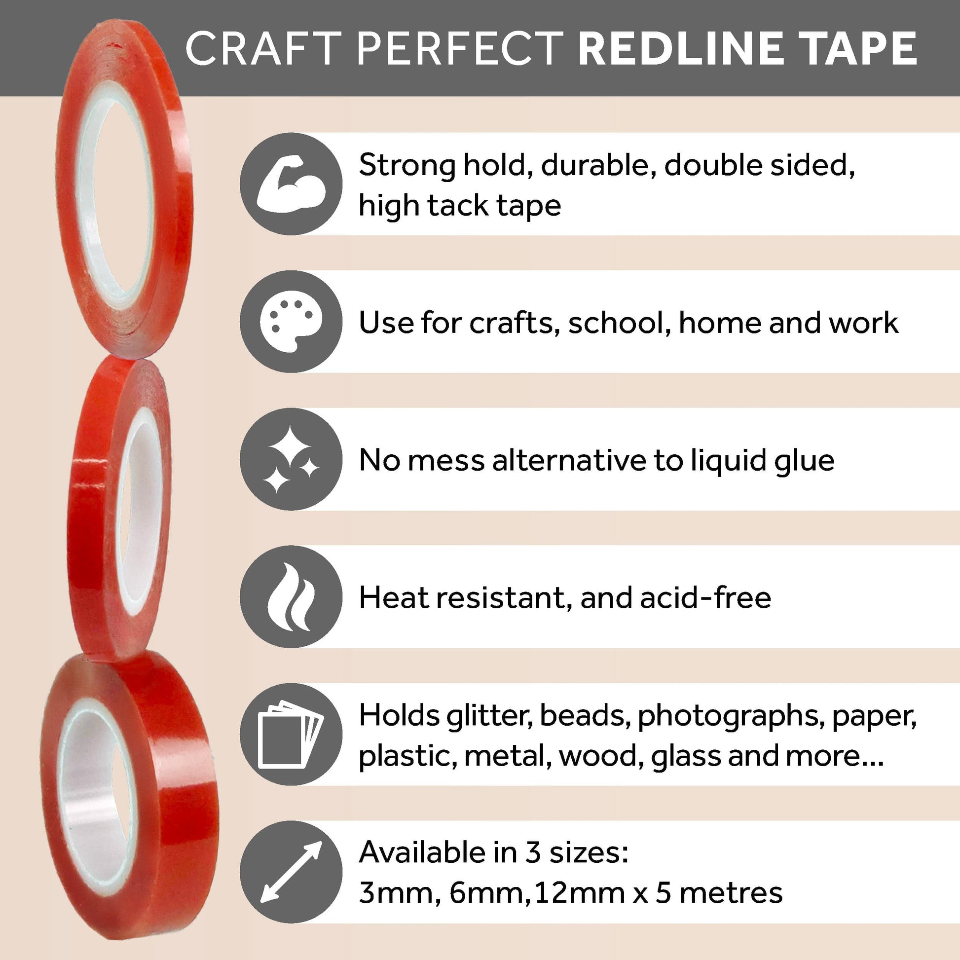 Craft Perfect Adhesives Craft Perfect - Adhesives - Double Sided Redline Tape - 12mm x 5m - 9733E