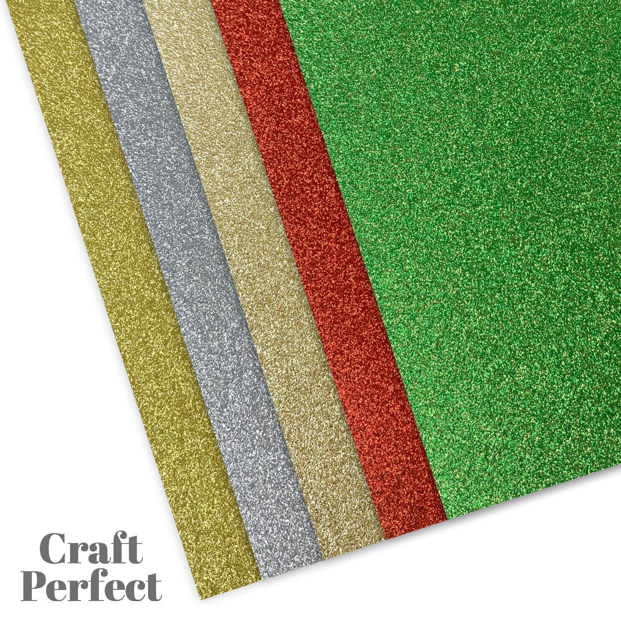 Craft Perfect Glitter Card Glitter Card Bundle – 25 Sheets A4 Glitter Cardstock – 5 Colours – Gold Dust, Silver Screen, Welsh Gold, Ruby Ritz, Lucky Shamrock – 250gsm – No Shed – Acid-Free – Die-Cutting