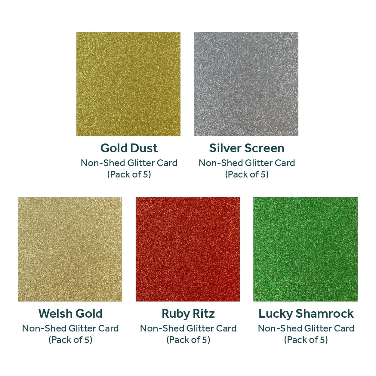 Craft Perfect Glitter Card Glitter Card Bundle – 25 Sheets A4 Glitter Cardstock – 5 Colours – Gold Dust, Silver Screen, Welsh Gold, Ruby Ritz, Lucky Shamrock – 250gsm – No Shed – Acid-Free – Die-Cutting