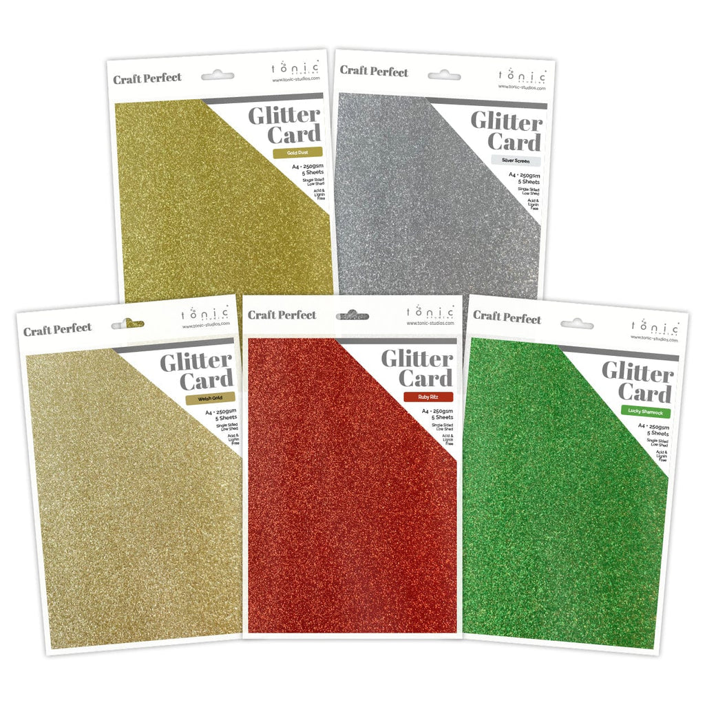 Craft Perfect Glitter Card Glitter Card Bundle – 25 Sheets A4 Glitter Cardstock – 5 Colours – Gold Dust, Silver Screen, Welsh Gold, Ruby Ritz, Lucky Shamrock – 250gsm – No Shed – Acid-Free – Die-Cutting