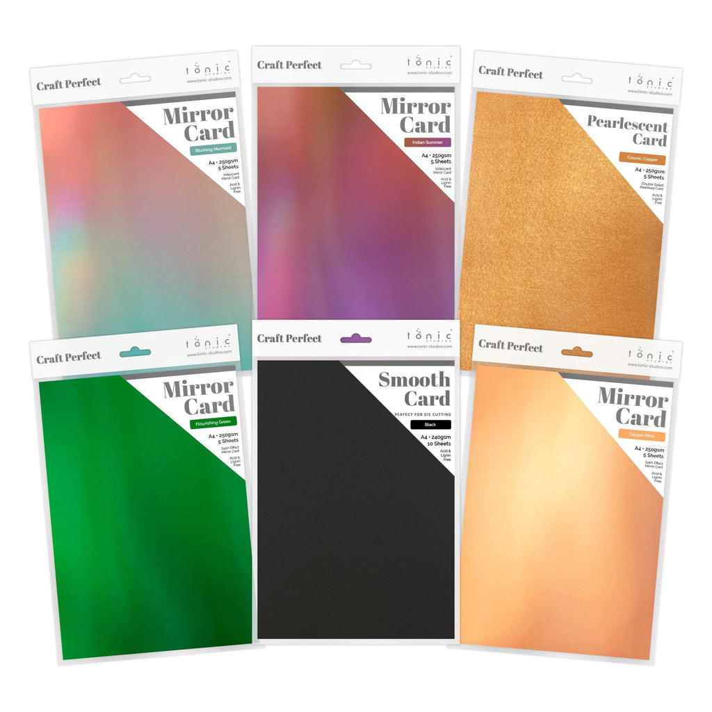 Craft Perfect Iridescent Mirror Card Craft Perfect Cardstock Bundle – Iridescent, Satin & Smooth Assortment | Premium A4 Card Pack (6 Designs, 5 Sheets Each)
