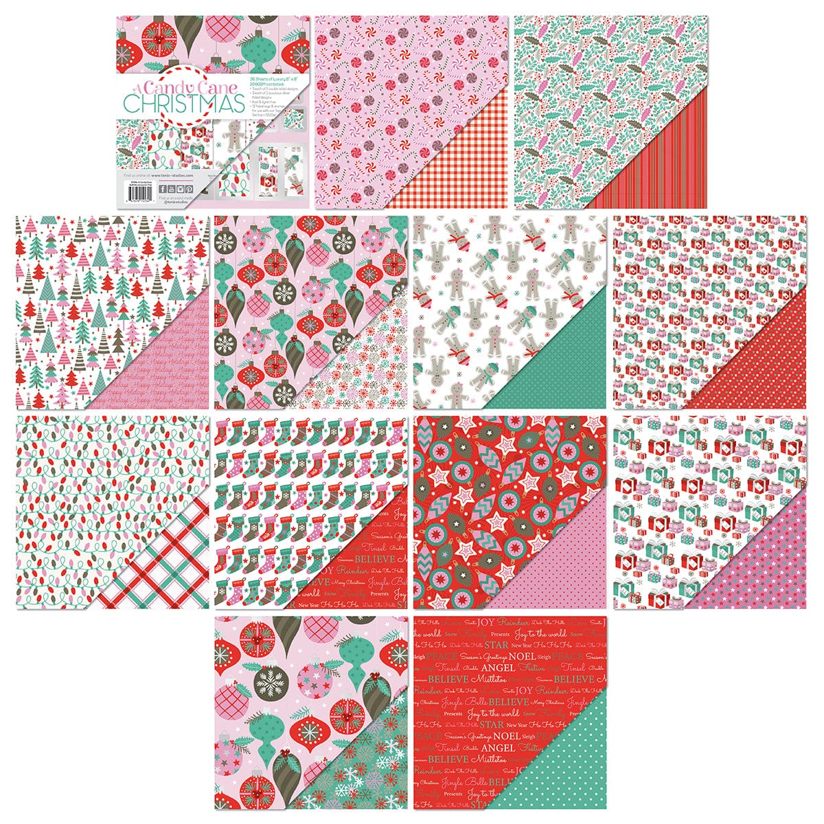 Craft Perfect Printed Papers A Candy Cane Christmas - 8x8 Art Pad - 5534e