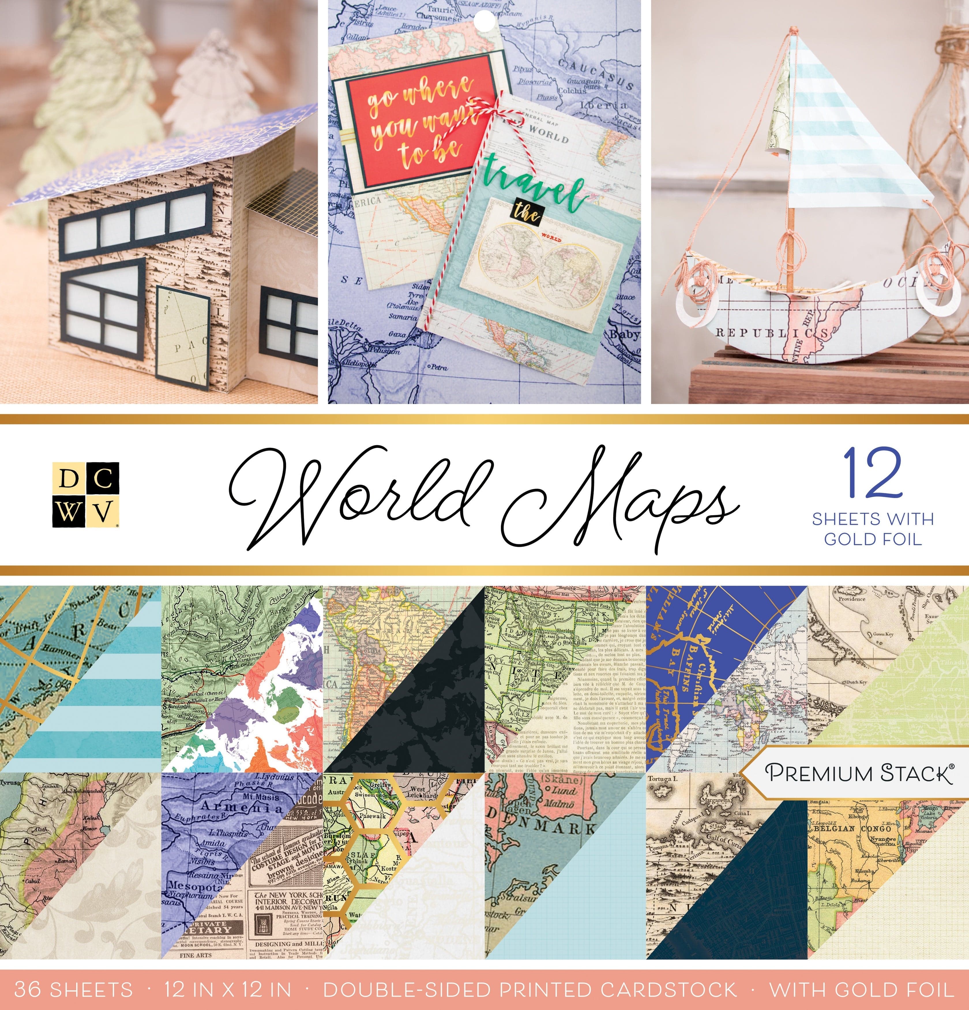DCWV Cardstock DCWV Double-Sided 12x12" Cardstock Stack - World Maps with Foil Accents