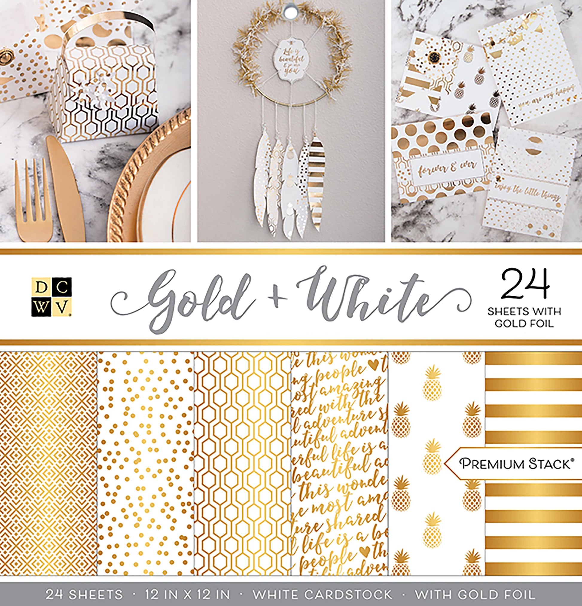 DCWV Cardstock DCWV Single-Sided 12x12" Cardstock Stack - Gold & White, Half with Foil
