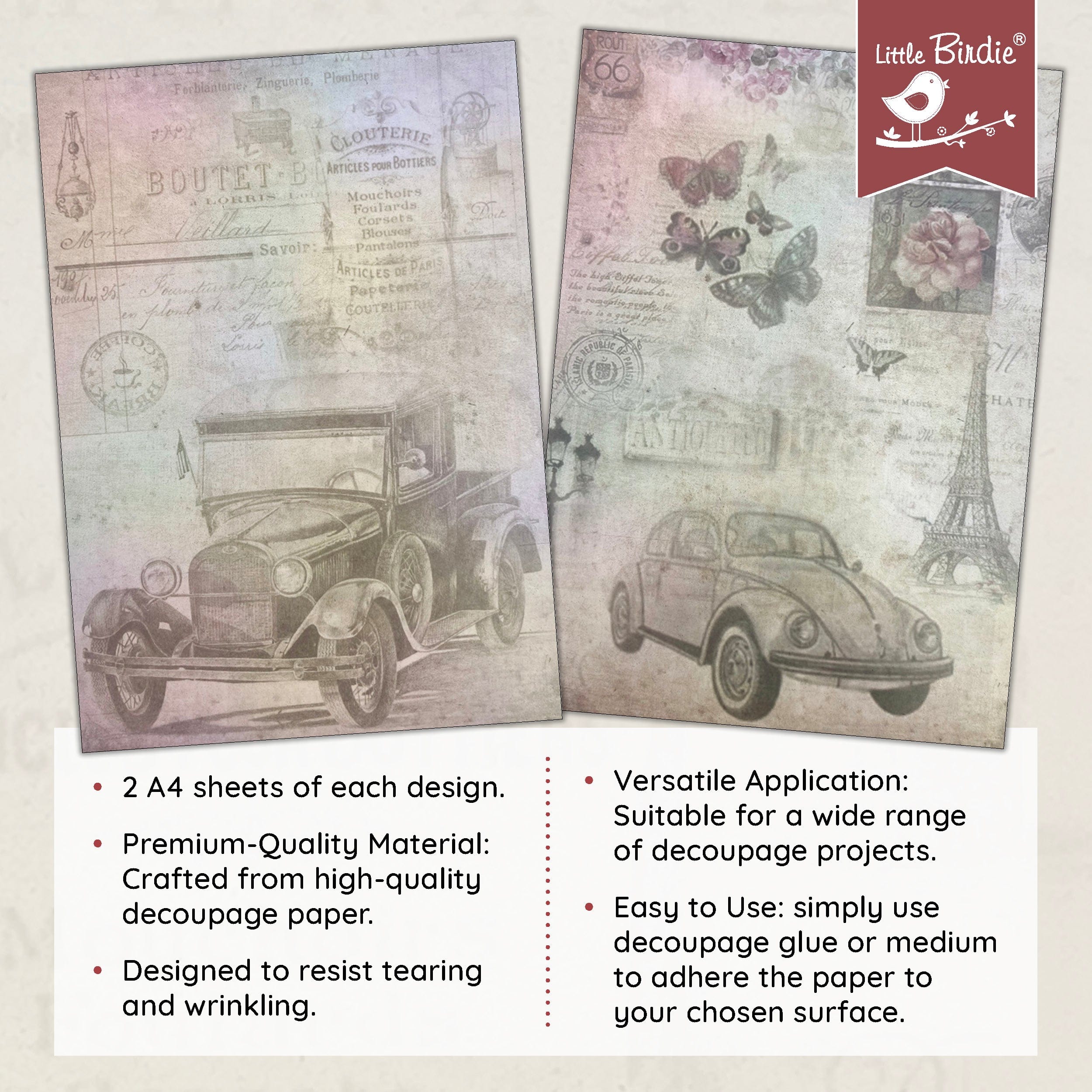 Little Birdie Little Birdie Decoupage Paper A4 - Pack of 4 (16 Sheets Total) | Craft Paper for DIY, Home Decor, and Mixed Media Art - (Antique Essense)
