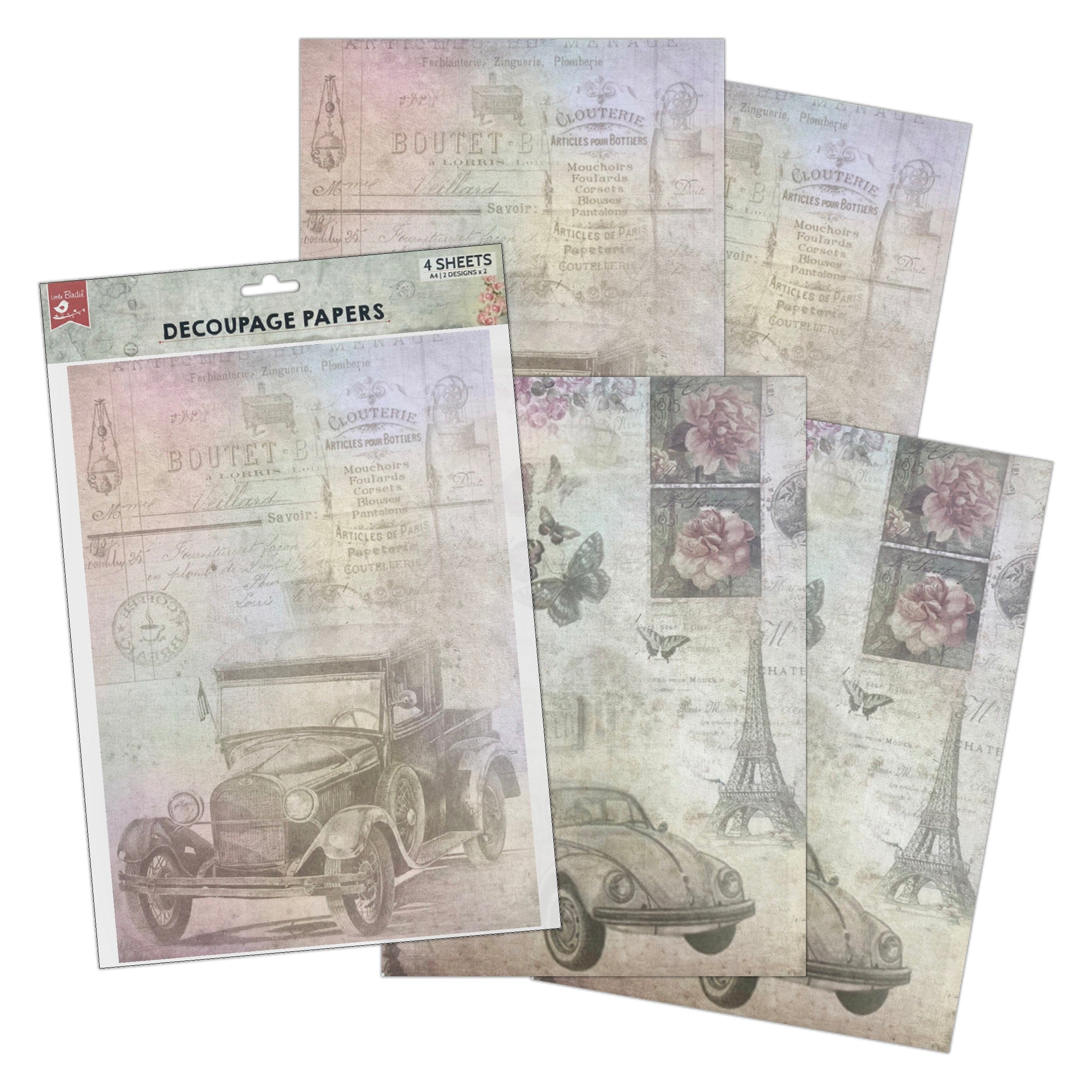Little Birdie Little Birdie Decoupage Paper A4 - Pack of 4 (16 Sheets Total) | Craft Paper for DIY, Home Decor, and Mixed Media Art - (Antique Essense)