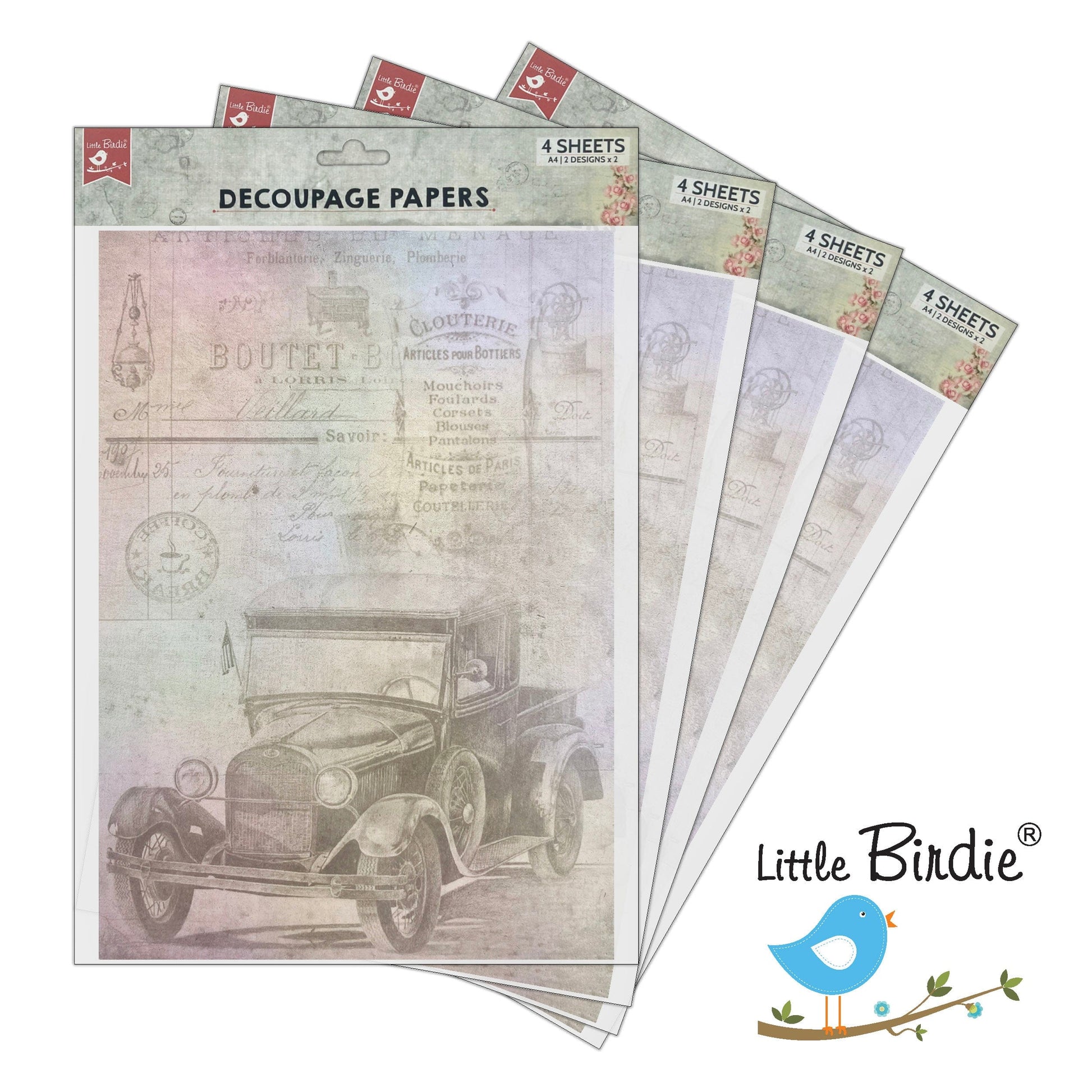 Little Birdie Little Birdie Decoupage Paper A4 - Pack of 4 (16 Sheets Total) | Craft Paper for DIY, Home Decor, and Mixed Media Art - (Antique Essense)