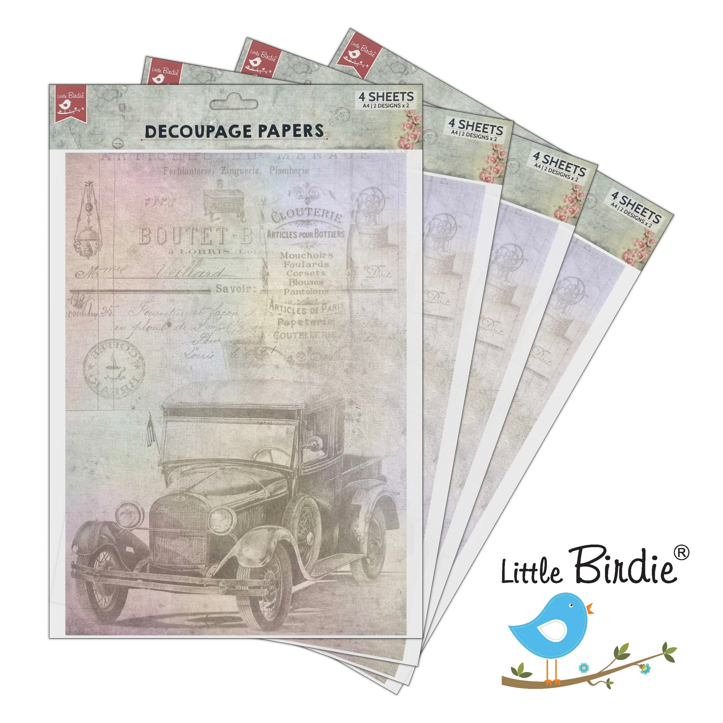 Little Birdie Little Birdie Decoupage Paper A4 - Pack of 4 (16 Sheets Total) | Craft Paper for DIY, Home Decor, and Mixed Media Art - (Antique Essense)