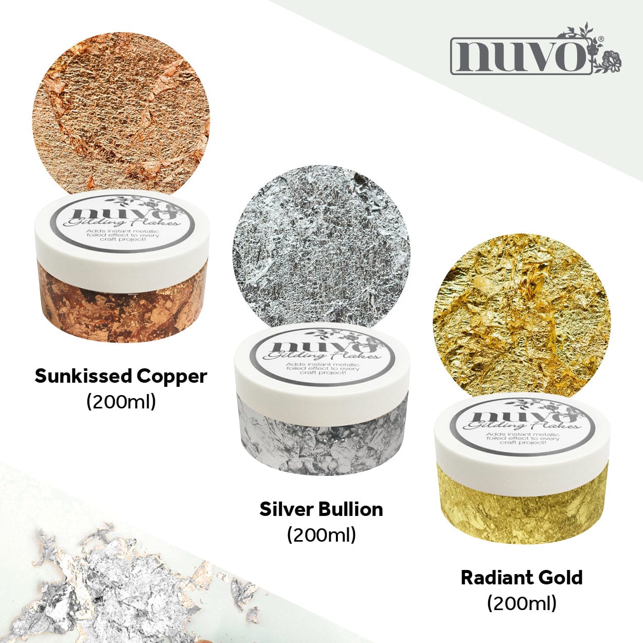Nuvo Gilding Flakes Nuvo Gilding Flakes Set – Radiant Gold, Silver Bullion & Sunkissed Copper (3 x 200ml Jars)
