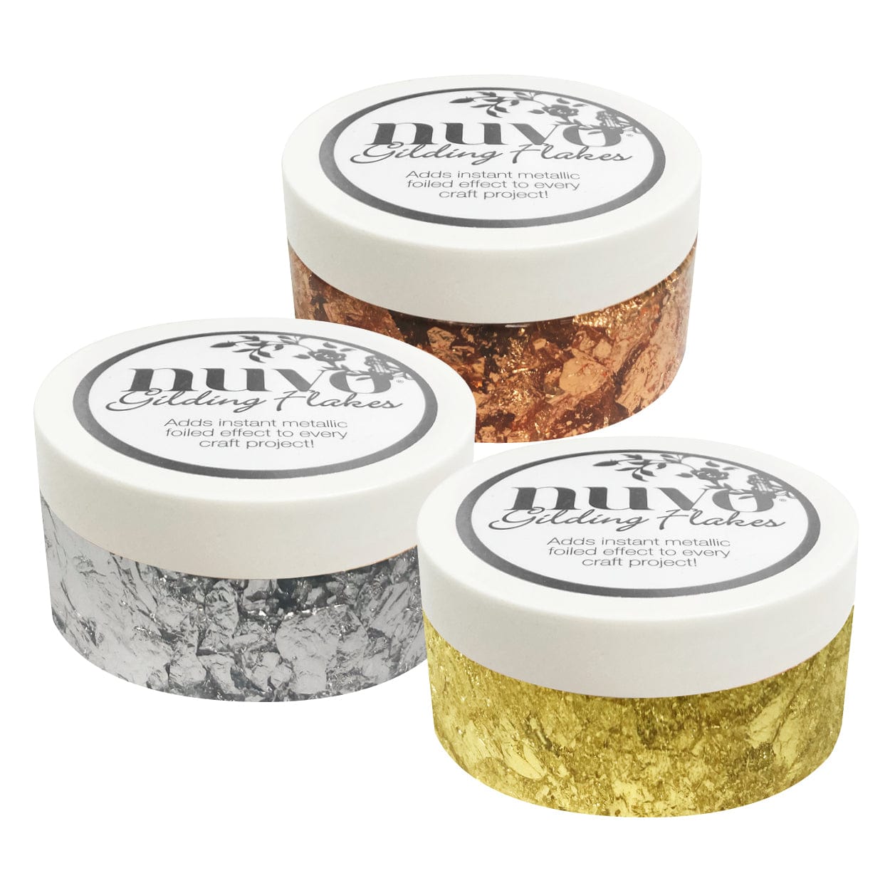 Nuvo Gilding Flakes Nuvo Gilding Flakes Set – Radiant Gold, Silver Bullion & Sunkissed Copper (3 x 200ml Jars)