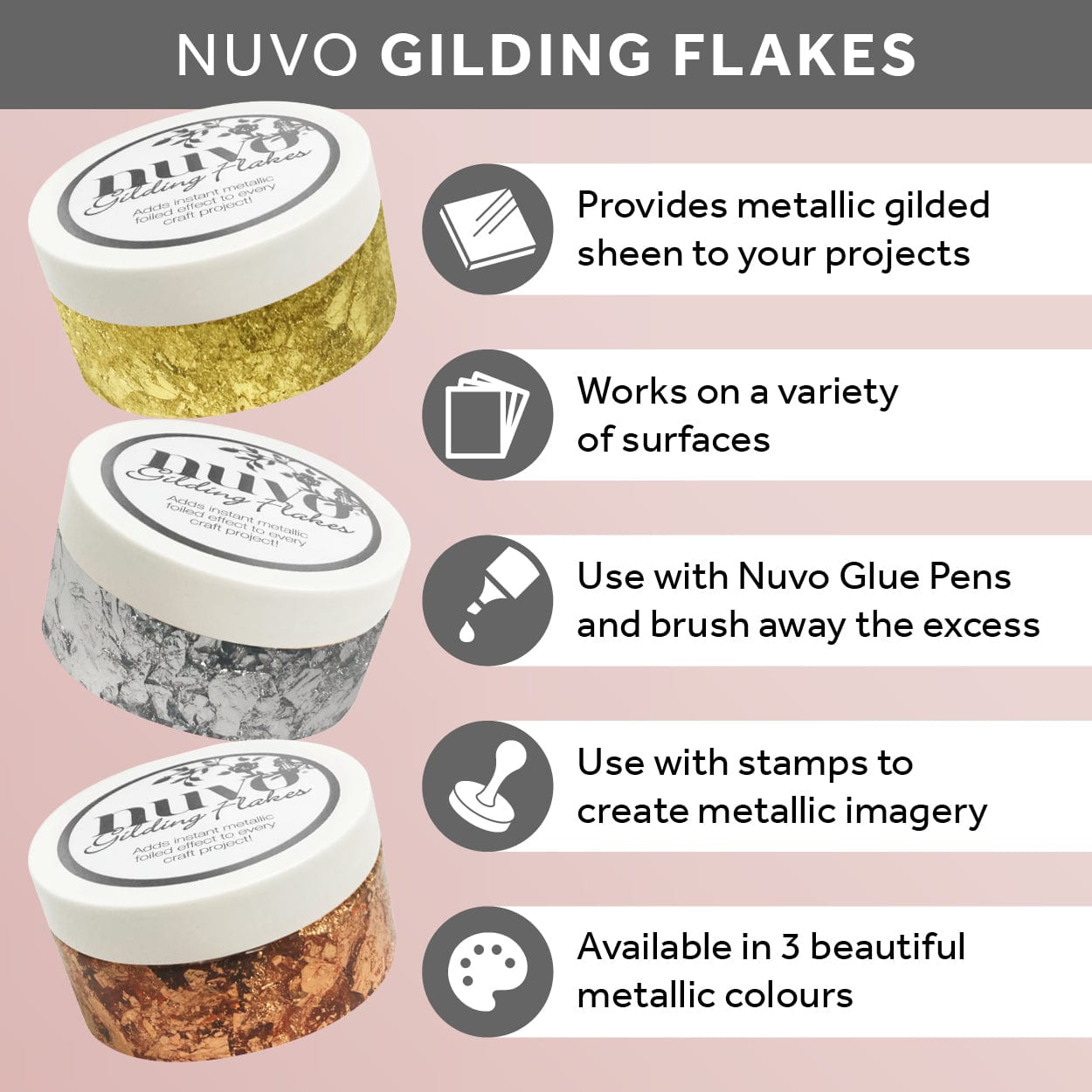 Nuvo Gilding Flakes Nuvo Gilding Flakes Set – Radiant Gold, Silver Bullion & Sunkissed Copper (3 x 200ml Jars)
