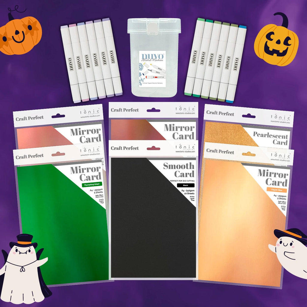 Nuvo Pens and Pencils “Bewitched Blends” Halloween Craft Bundle – 12 Dual-Tip Alcohol Markers + 6 Iridescent Mirror Card Sheets + Marker Storage Box (19 Items Total) – Colouring & Cardmaking Set