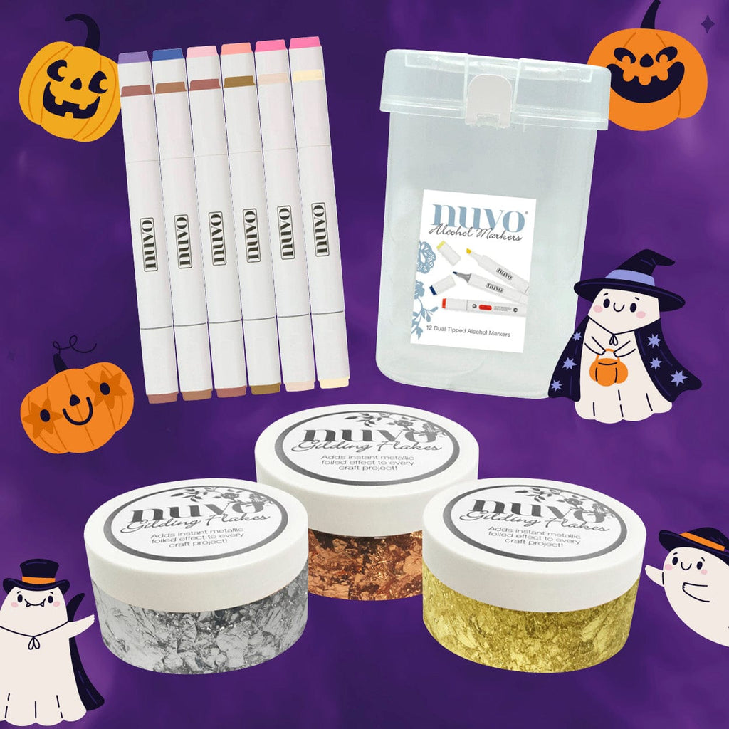 Nuvo Pens and Pencils “Haunted Glow” Halloween Craft Bundle – 12 Warm-Tone Dual-Tip Alcohol Markers + 3 Metallic Gilding Flake Jars + Storage Box (16 Items Total) – Blending, Colouring & Foil Art Set