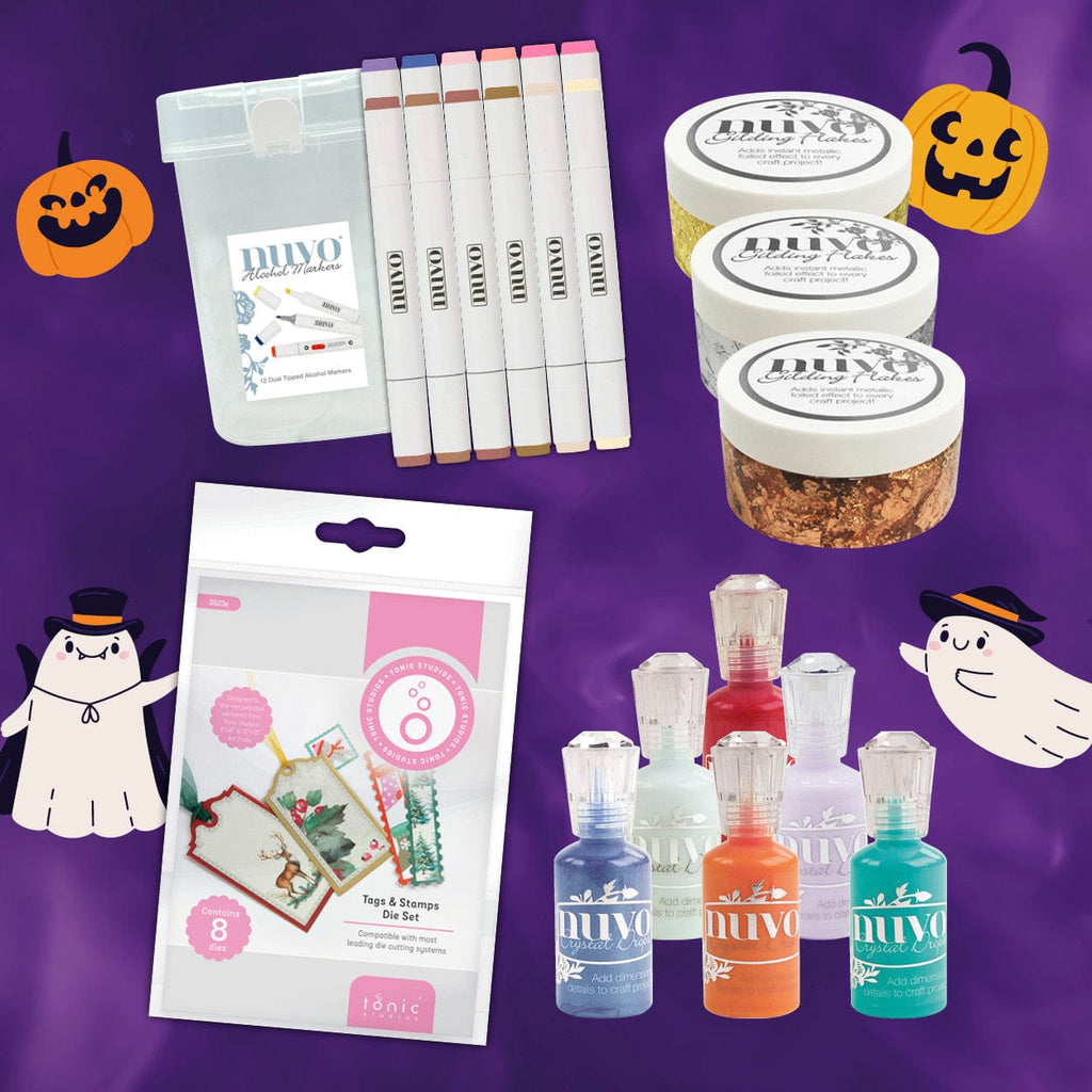 Nuvo Pens and Pencils “Midnight Alchemy” Bundle - Alcohol Marker Set, Gilding Flakes, Crystal Drops & Tag Die/Stamp Set – 22-Piece Complete Creative Kit for Spooky Season Crafts