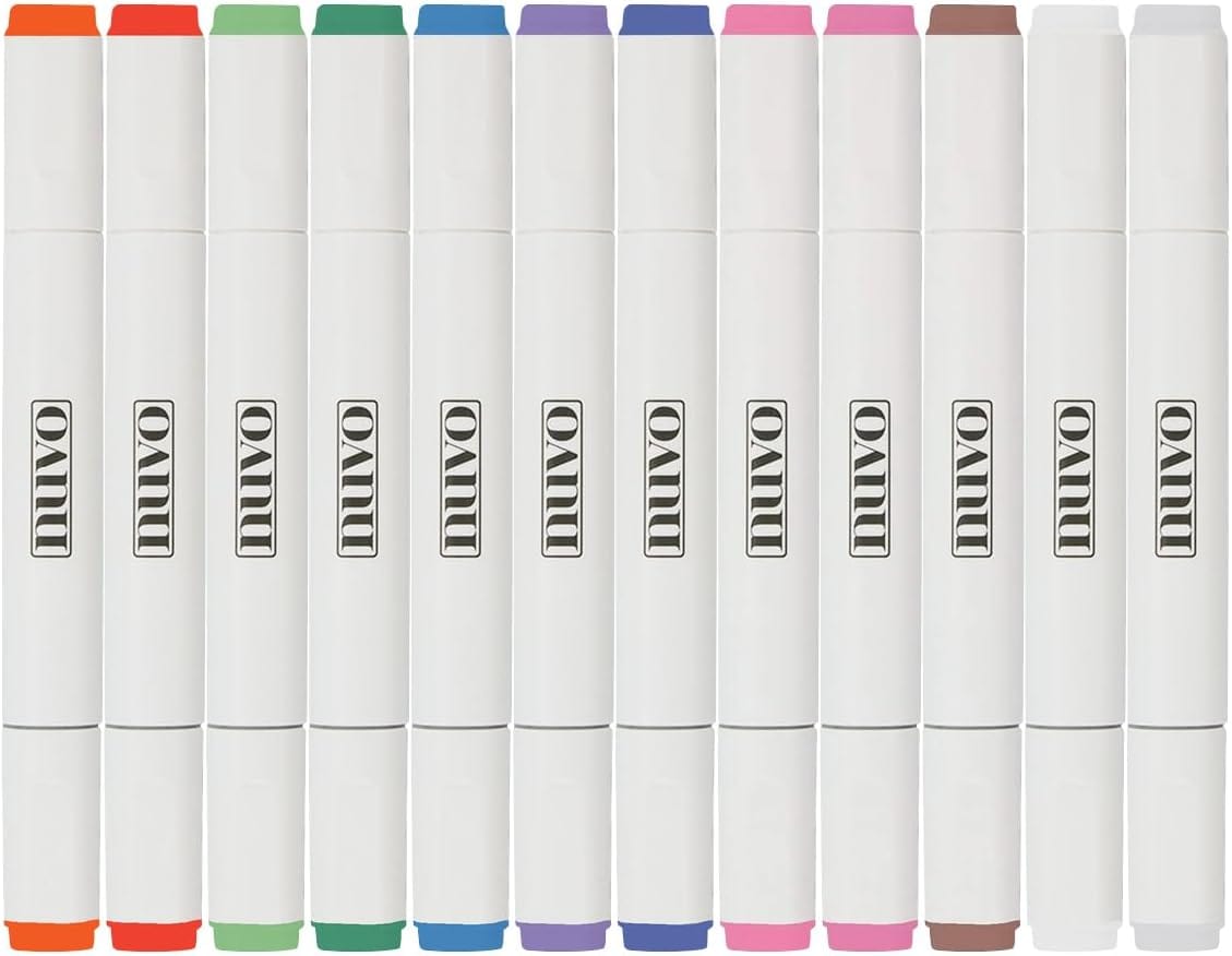 Nuvo Pens and Pencils Nuvo Alcohol Marker Pen Bundle with Storage Box – 12 Dual-Tip Pens in Assorted Colours – Tiger Lily, Plum Tomato, Bamboo Leaf, Ultramarine, Blackcurrant Tart, Blueberry Muffin & More