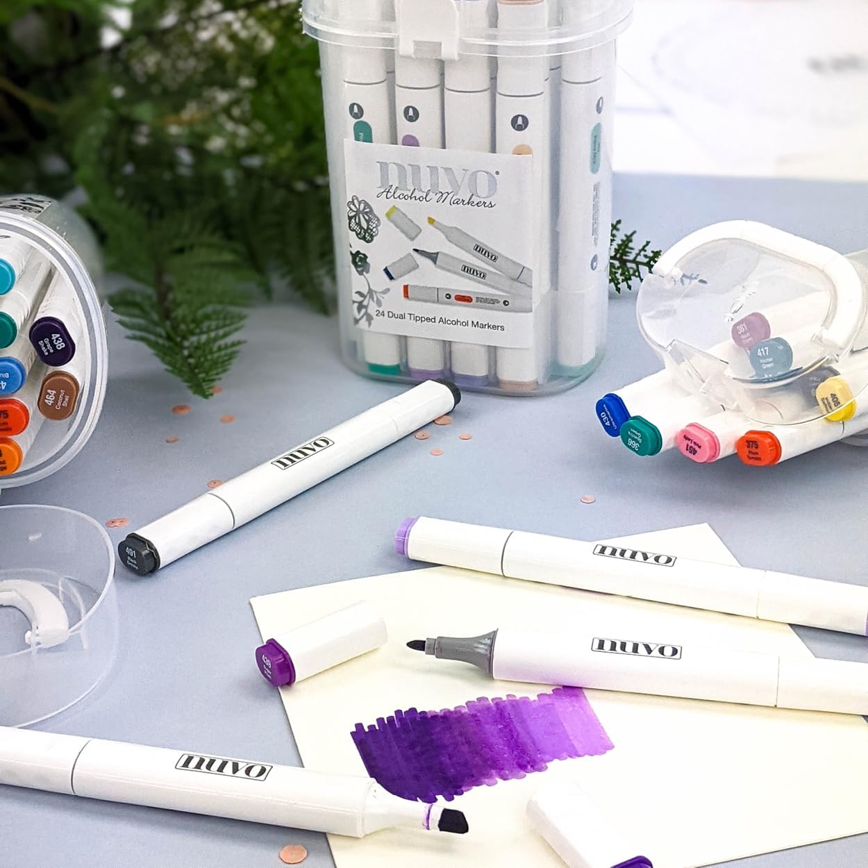 Nuvo Pens and Pencils Nuvo Alcohol Marker Pen Bundle with Storage Box – 12 Dual-Tip Pens in Assorted Colours – Tiger Lily, Plum Tomato, Bamboo Leaf, Ultramarine, Blackcurrant Tart, Blueberry Muffin & More