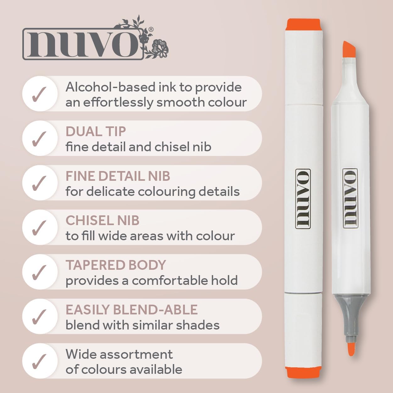 Nuvo Pens and Pencils Nuvo Alcohol Marker Pen Bundle with Storage Box – 12 Dual-Tip Pens in Assorted Colours – Tiger Lily, Plum Tomato, Bamboo Leaf, Ultramarine, Blackcurrant Tart, Blueberry Muffin & More