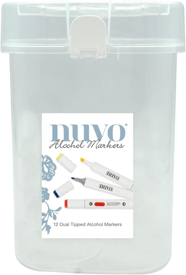 Nuvo Pens and Pencils Nuvo Alcohol Marker Pen Bundle with Storage Box – 12 Dual-Tip Pens in Assorted Colours – Tiger Lily, Plum Tomato, Bamboo Leaf, Ultramarine, Blackcurrant Tart, Blueberry Muffin & More