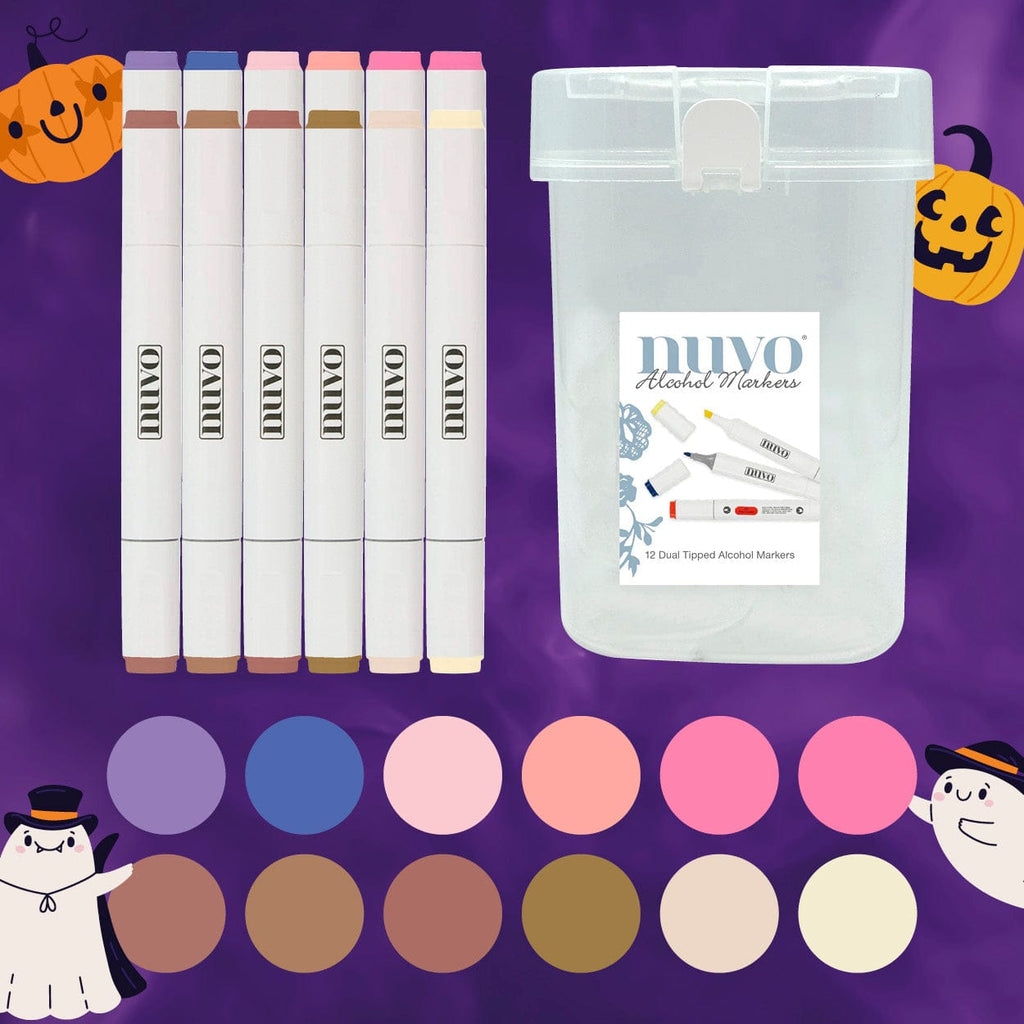 Nuvo Pens and Pencils “Pumpkin Glow” Halloween Marker Bundle – 12 Warm-Tone Dual-Tip Alcohol Markers + 1 Storage Box (13 Items Total) – Blending & Colouring Set for Spooky Season Crafts