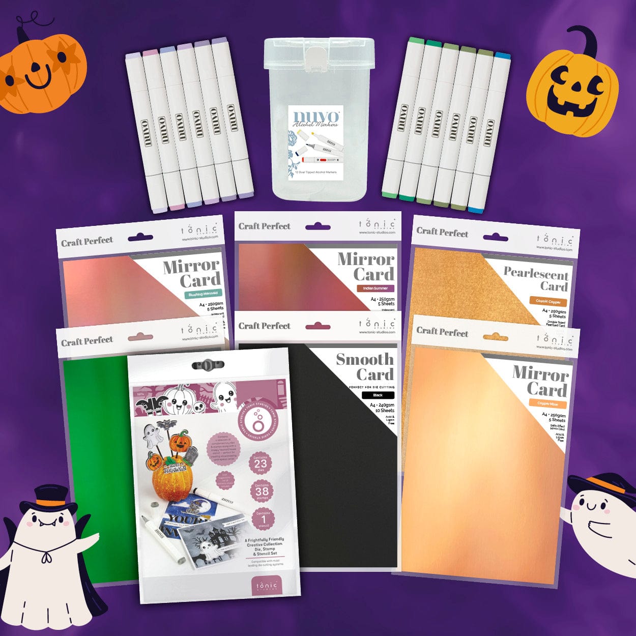 Nuvo Pens and Pencils “Spellbound Studio” Halloween Craft Bundle – 12 Dual-Tip Alcohol Markers + 6 Iridescent Mirror Card Sheets + Die/Stamp/Stencil Set (19 Items Total) – Creative Cardmaking & Scrapbook Kit