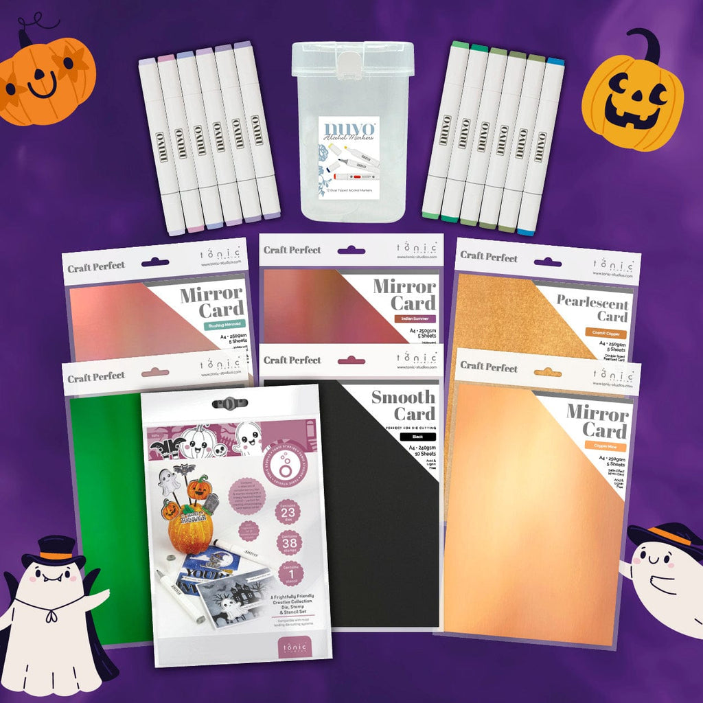 Nuvo Pens and Pencils “Spellbound Studio” Halloween Craft Bundle – 12 Dual-Tip Alcohol Markers + 6 Iridescent Mirror Card Sheets + Die/Stamp/Stencil Set (19 Items Total) – Creative Cardmaking & Scrapbook Kit