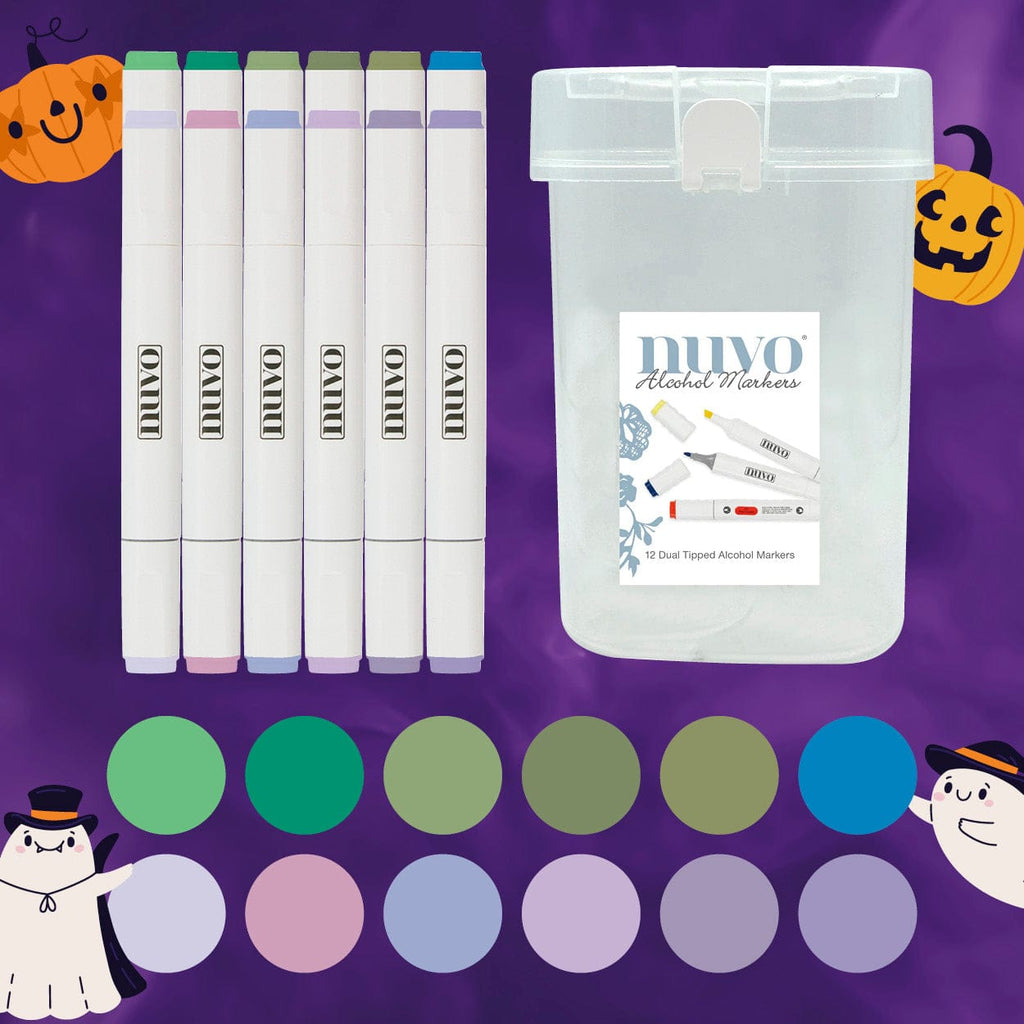 Nuvo Pens and Pencils “Wicked Shades” Alcohol Marker Bundle – 12 Dual-Tip Vibrant Pens + 12-Slot Storage Box – Halloween Craft & Colouring Set
