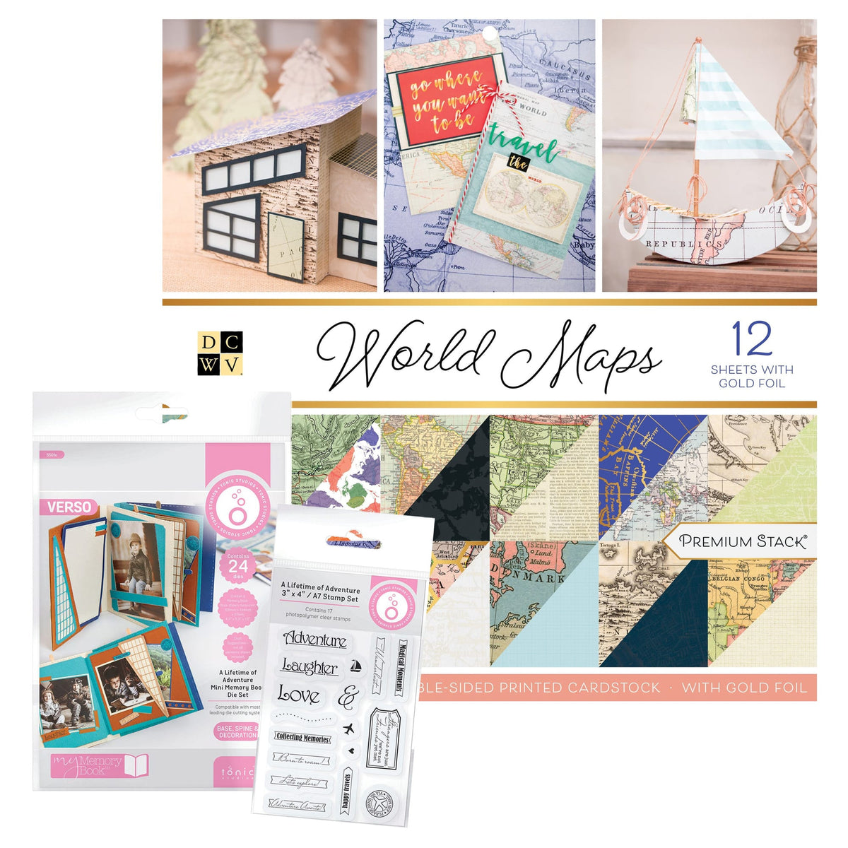 Tonic Studios bundle DCWV World Maps Patterned Pad & FREE A Lifetime of Adventure Memory Book Set