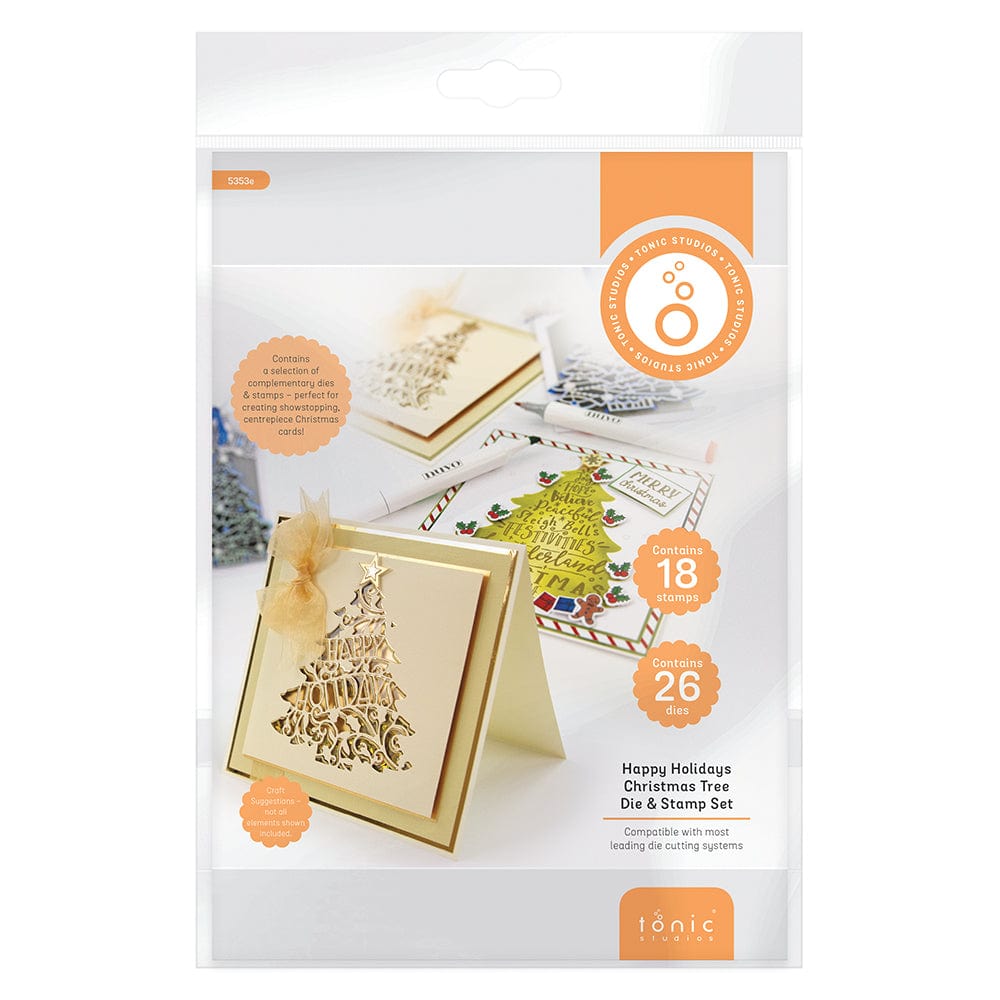 Tonic Studios bundle Happy Holidays Christmas Tree Die & Stamp Set - 5353e