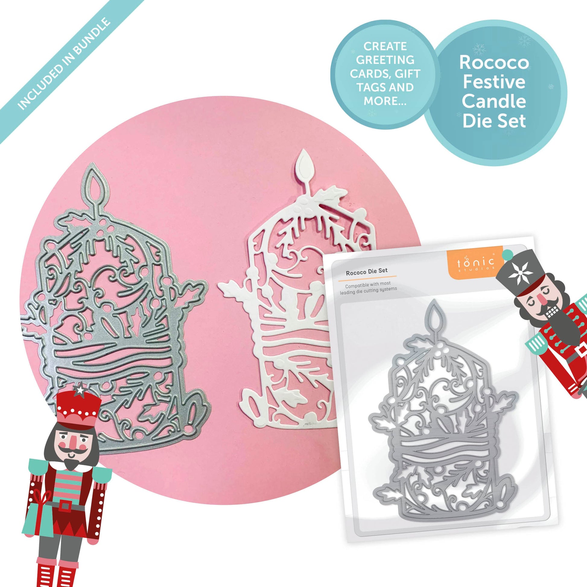 Tonic Studios Printed Papers Festive Seasons 8″×8″ Craft Bundle – Winter’s Veil + Harvest Cascade + Jolly Jingles + Die Sets + Tacky Glue