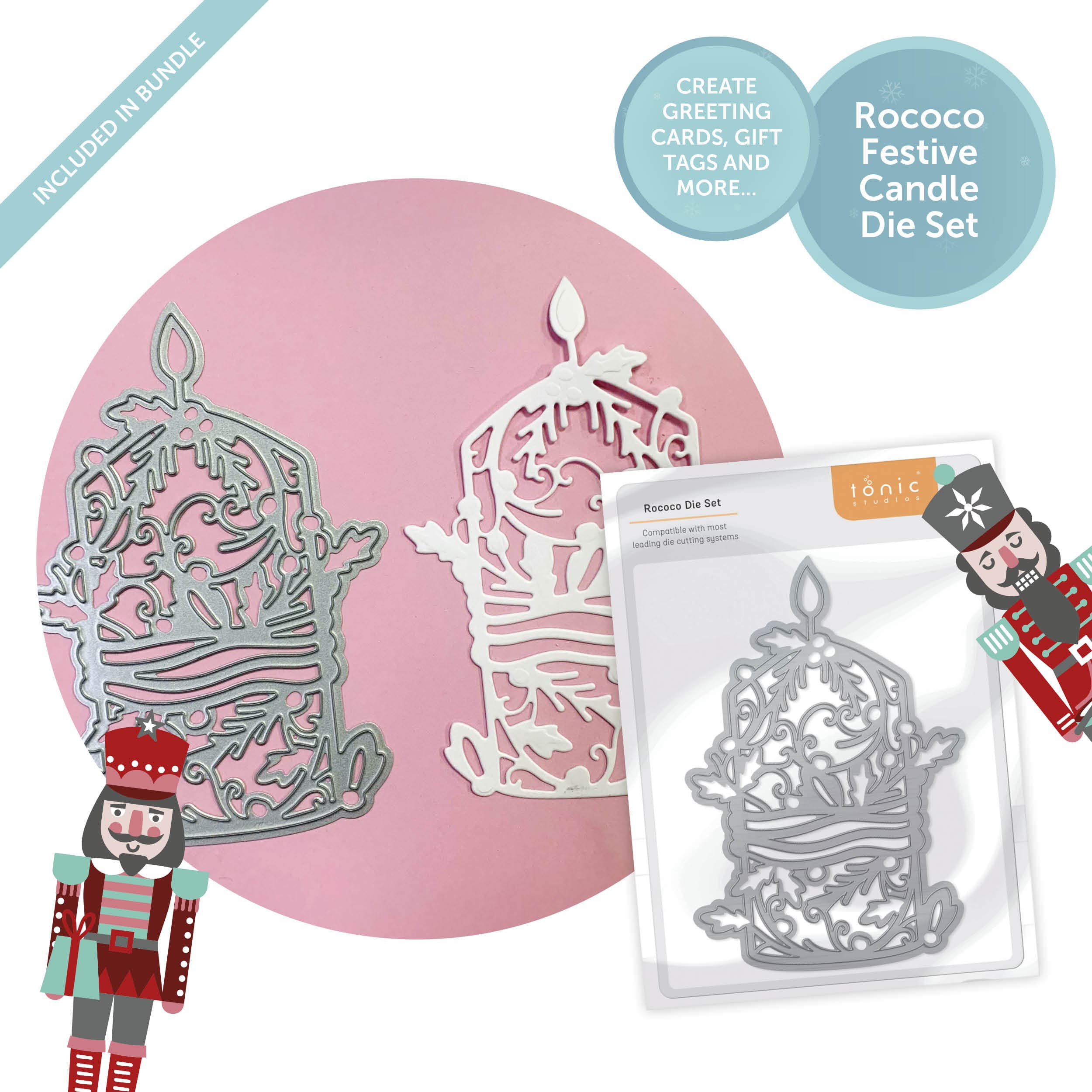 Tonic Studios Printed Papers Festive Seasons 8″×8″ Craft Bundle – Winter’s Veil + Harvest Cascade + Jolly Jingles + Die Sets + Tacky Glue