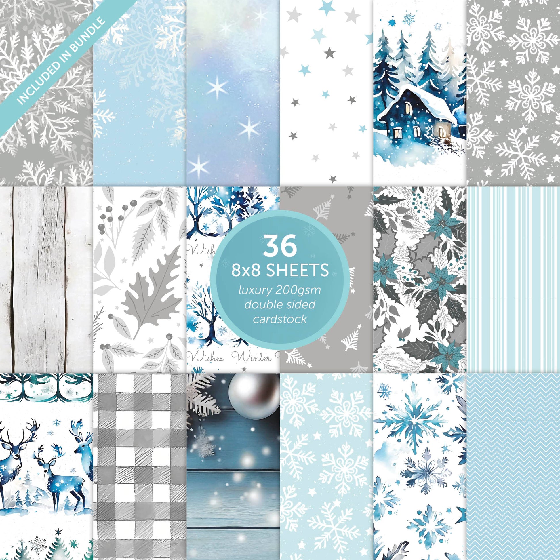 Tonic Studios Printed Papers Festive Seasons 8″×8″ Craft Bundle – Winter’s Veil + Harvest Cascade + Jolly Jingles + Die Sets + Tacky Glue