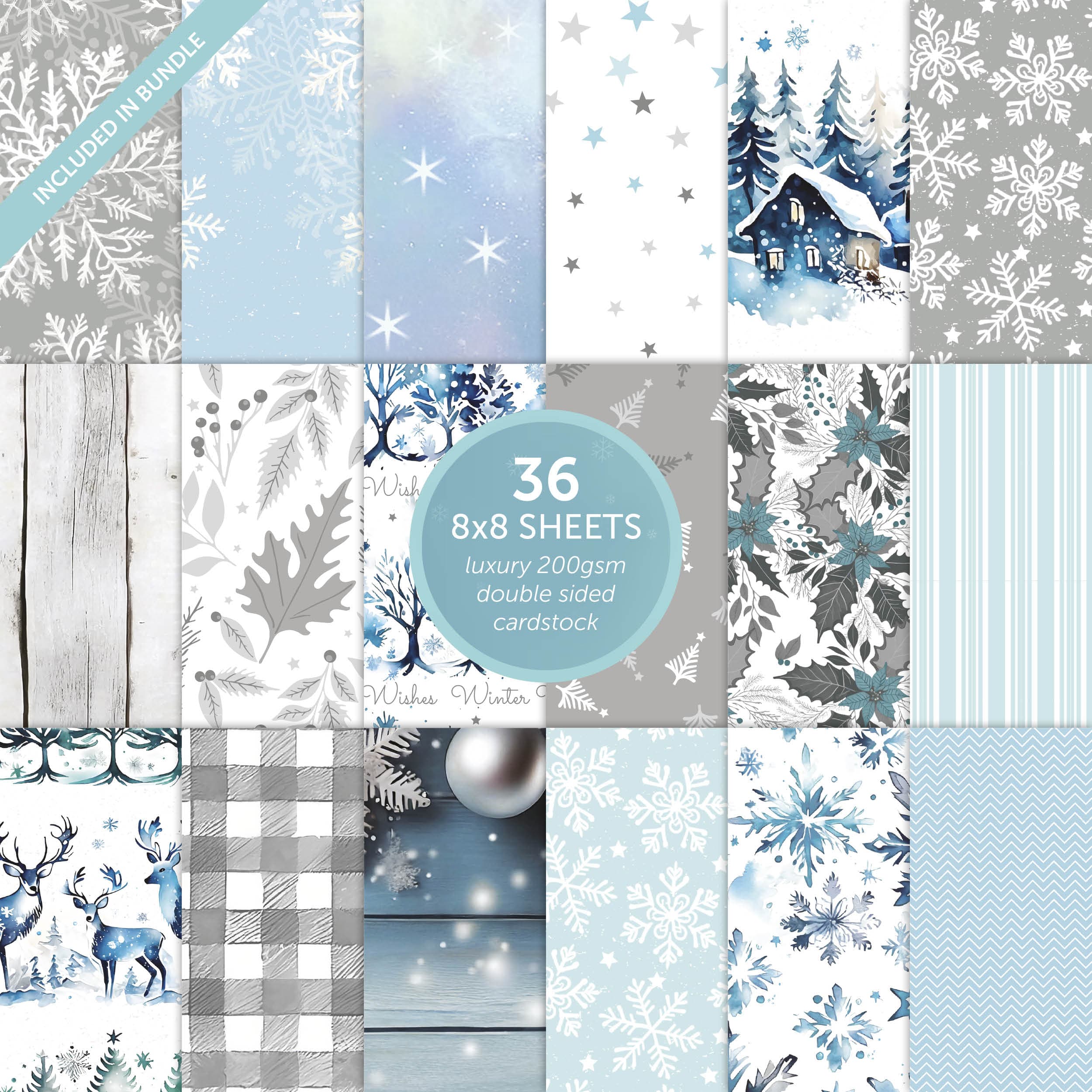 Tonic Studios Printed Papers Festive Seasons 8″×8″ Craft Bundle – Winter’s Veil + Harvest Cascade + Jolly Jingles + Die Sets + Tacky Glue