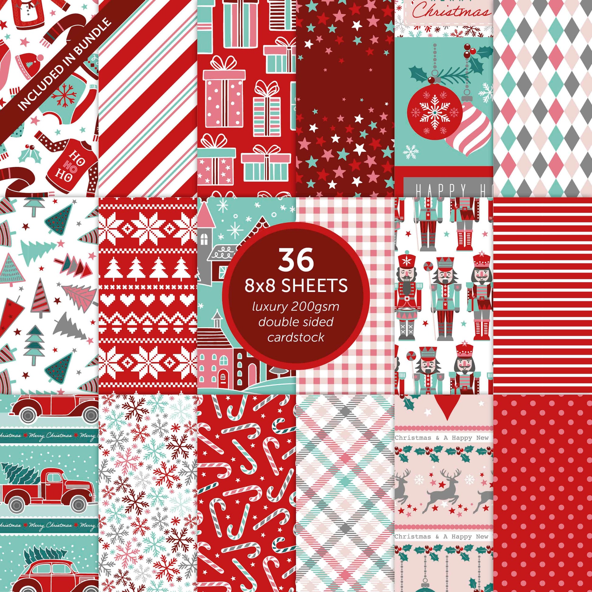 Tonic Studios Printed Papers Festive Seasons 8″×8″ Craft Bundle – Winter’s Veil + Harvest Cascade + Jolly Jingles + Die Sets + Tacky Glue