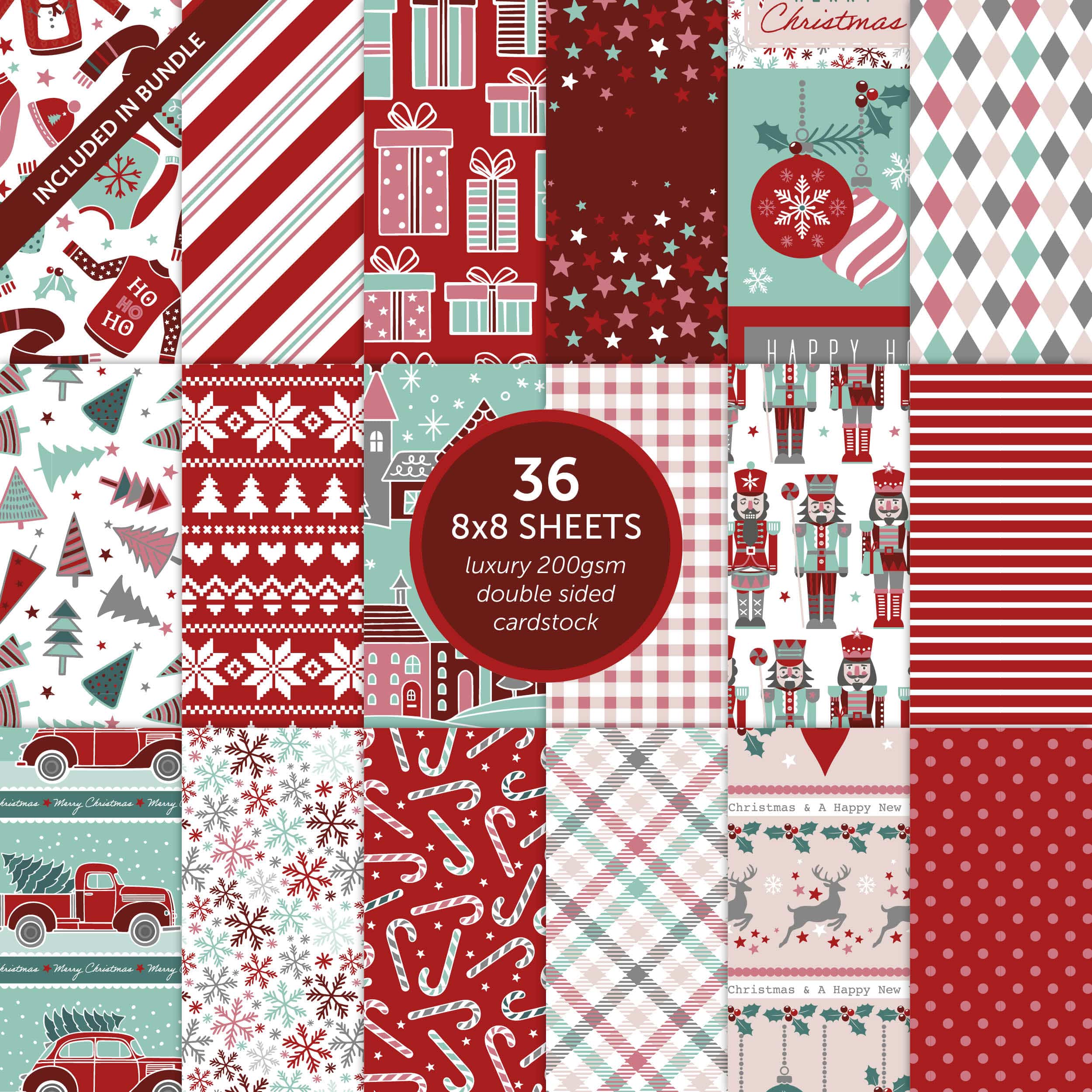 Tonic Studios Printed Papers Festive Seasons 8″×8″ Craft Bundle – Winter’s Veil + Harvest Cascade + Jolly Jingles + Die Sets + Tacky Glue
