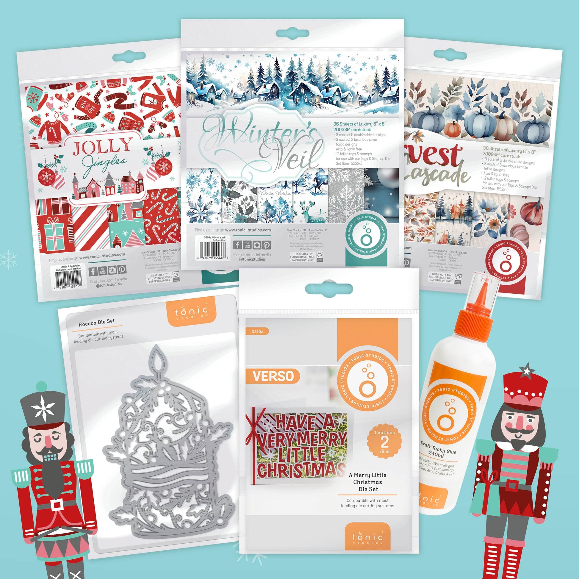 Tonic Studios Printed Papers Festive Seasons 8″×8″ Craft Bundle – Winter’s Veil + Harvest Cascade + Jolly Jingles + Die Sets + Tacky Glue