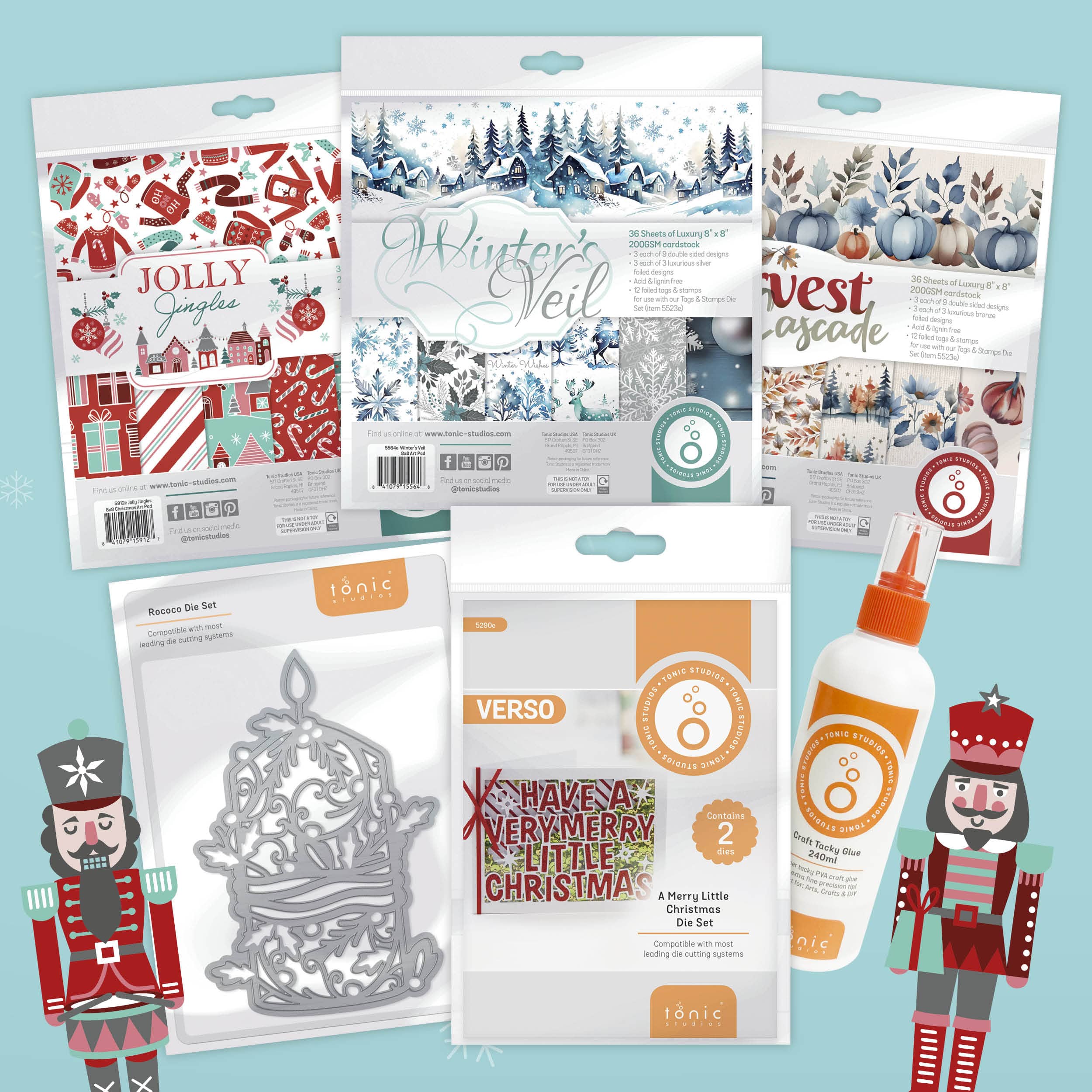 Tonic Studios Printed Papers Festive Seasons 8″×8″ Craft Bundle – Winter’s Veil + Harvest Cascade + Jolly Jingles + Die Sets + Tacky Glue
