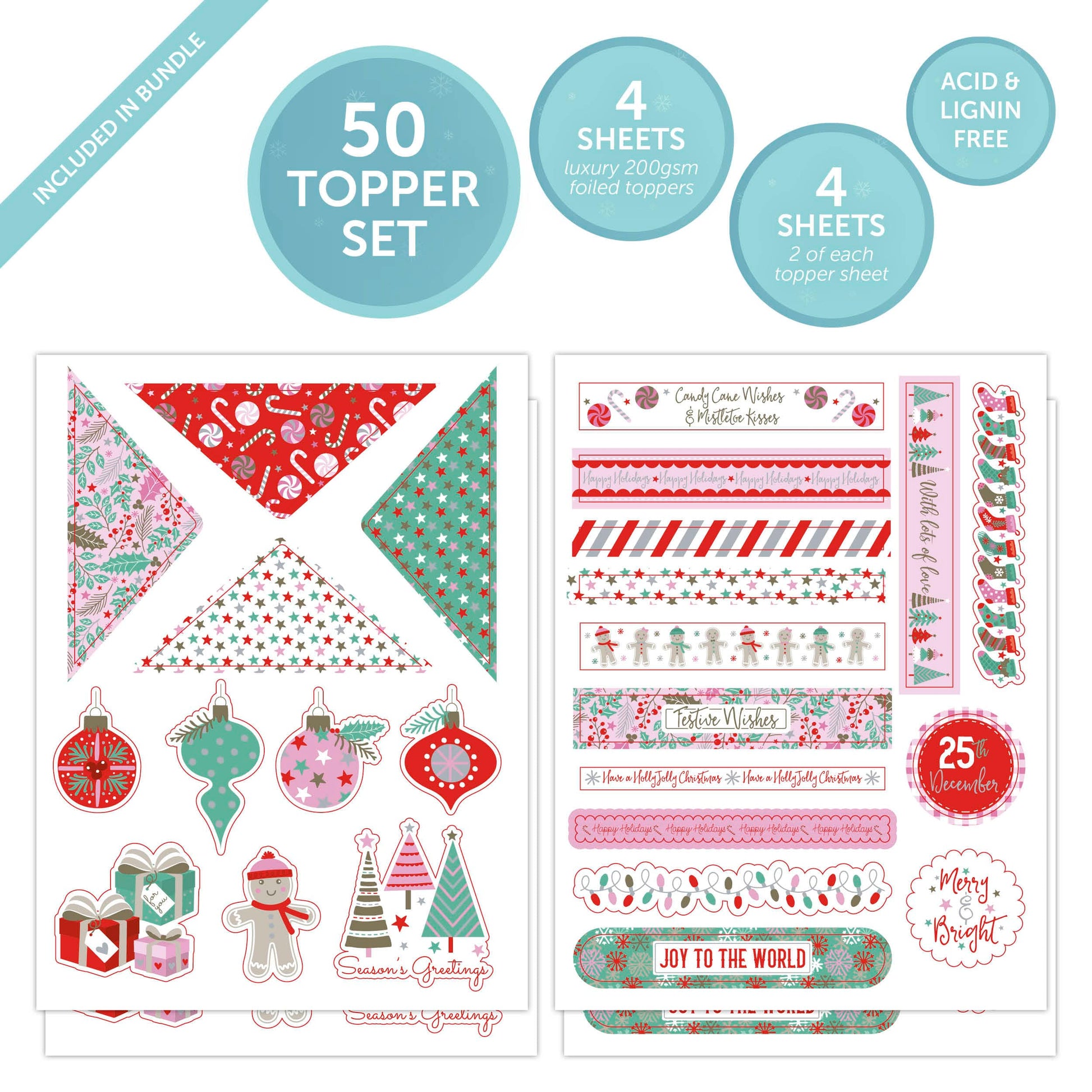 Tonic Studios Printed Papers Sweet Candy Cane Christmas Craft Bundle – 12″×12″ Paper Pad + Foil Topper Set + 240 ml Tacky Glue
