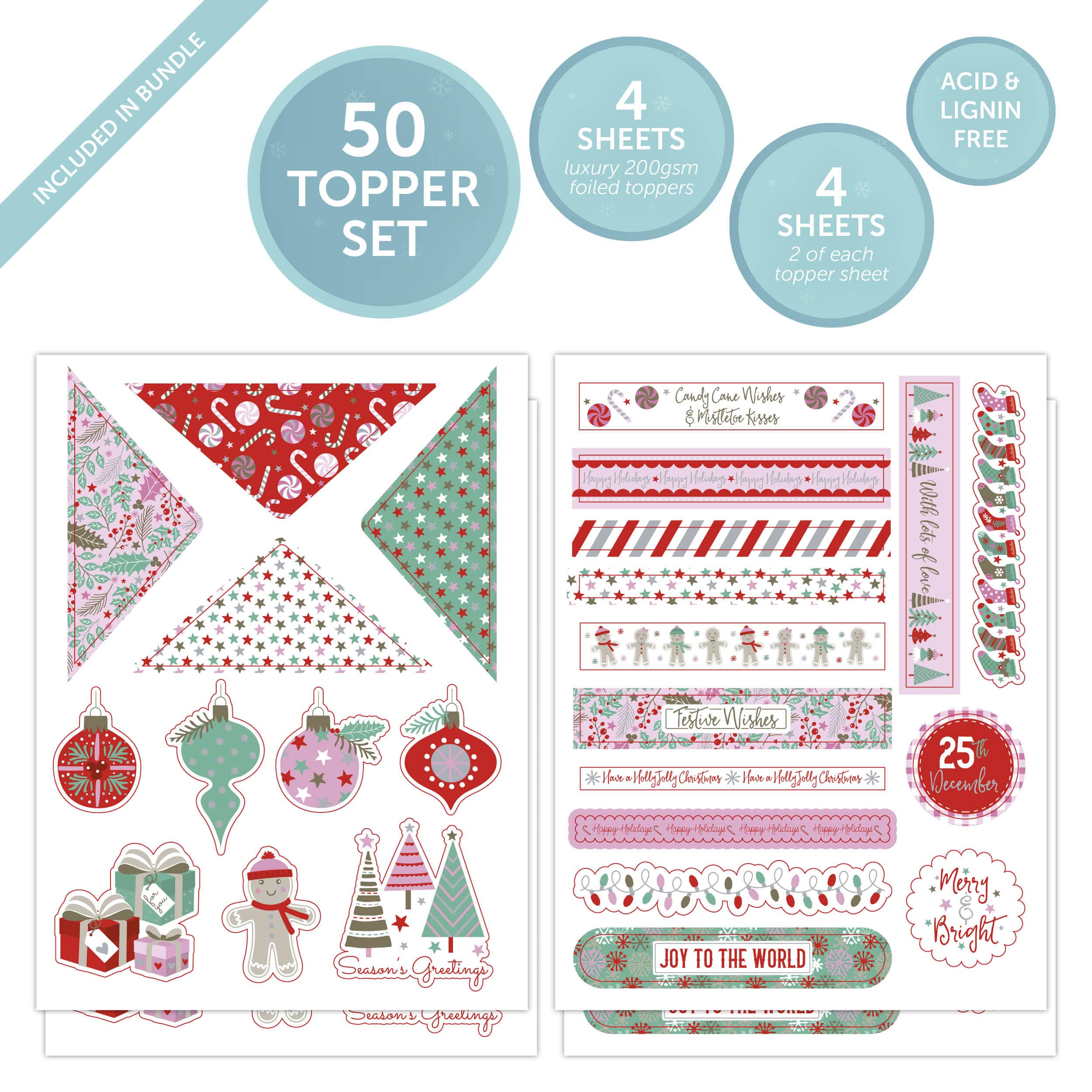 Tonic Studios Printed Papers Sweet Candy Cane Christmas Craft Bundle – 12″×12″ Paper Pad + Foil Topper Set + 240 ml Tacky Glue