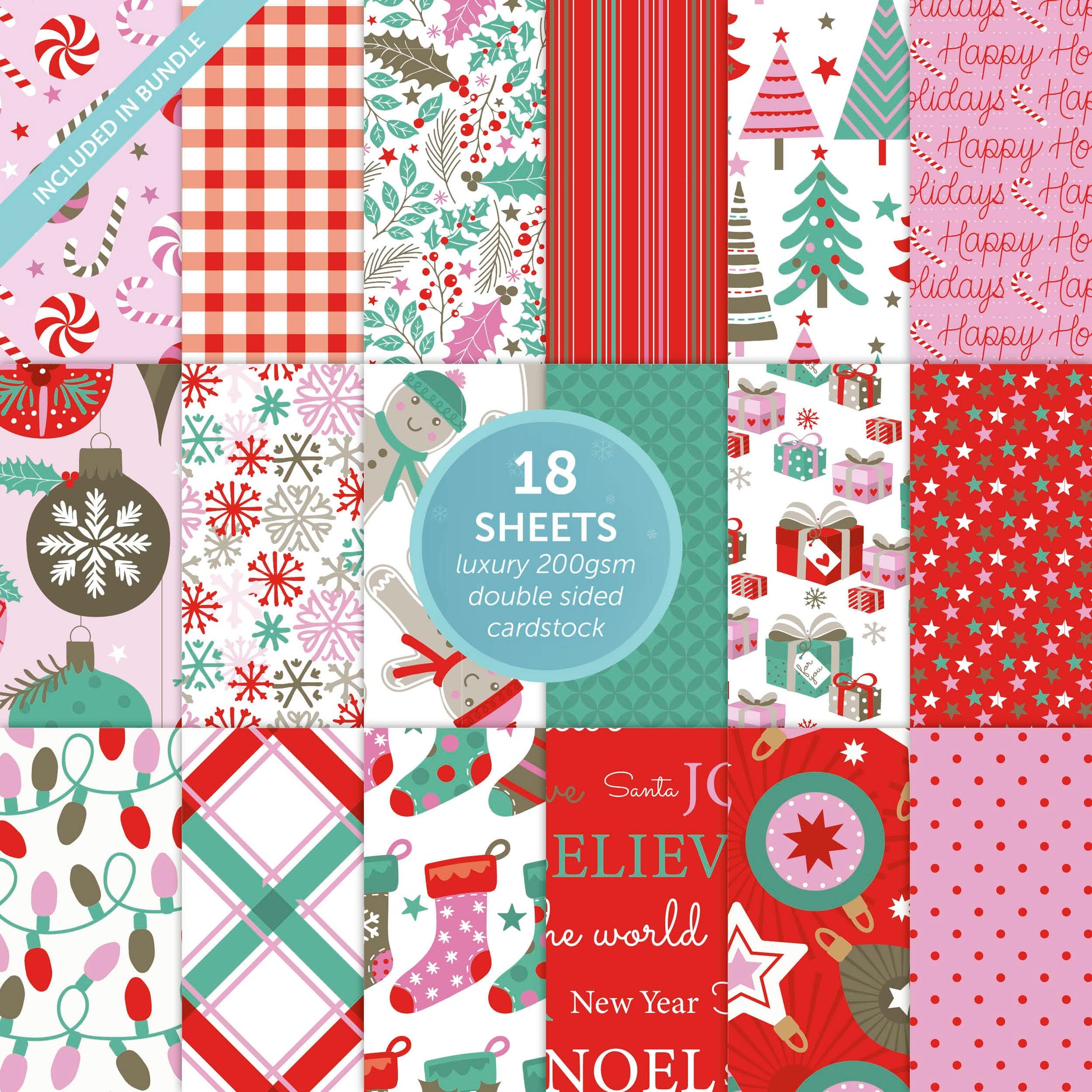 Tonic Studios Printed Papers Sweet Candy Cane Christmas Craft Bundle – 12″×12″ Paper Pad + Foil Topper Set + 240 ml Tacky Glue