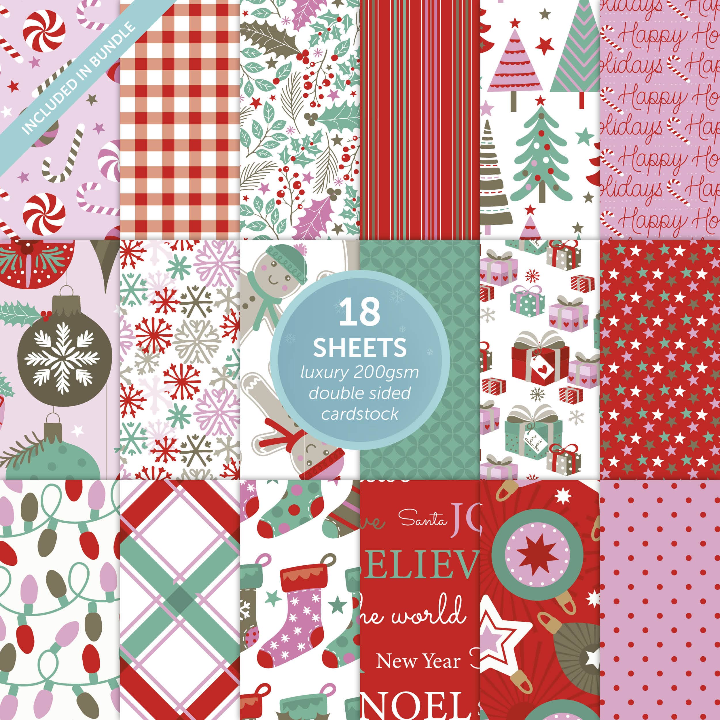 Tonic Studios Printed Papers Sweet Candy Cane Christmas Craft Bundle – 12″×12″ Paper Pad + Foil Topper Set + 240 ml Tacky Glue