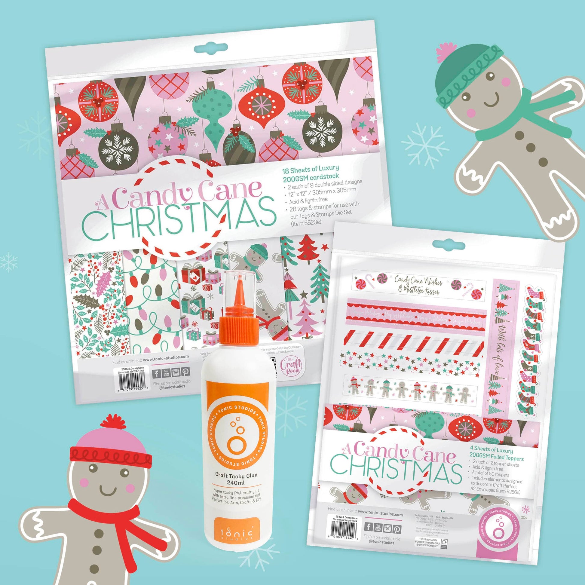 Tonic Studios Printed Papers Sweet Candy Cane Christmas Craft Bundle – 12″×12″ Paper Pad + Foil Topper Set + 240 ml Tacky Glue