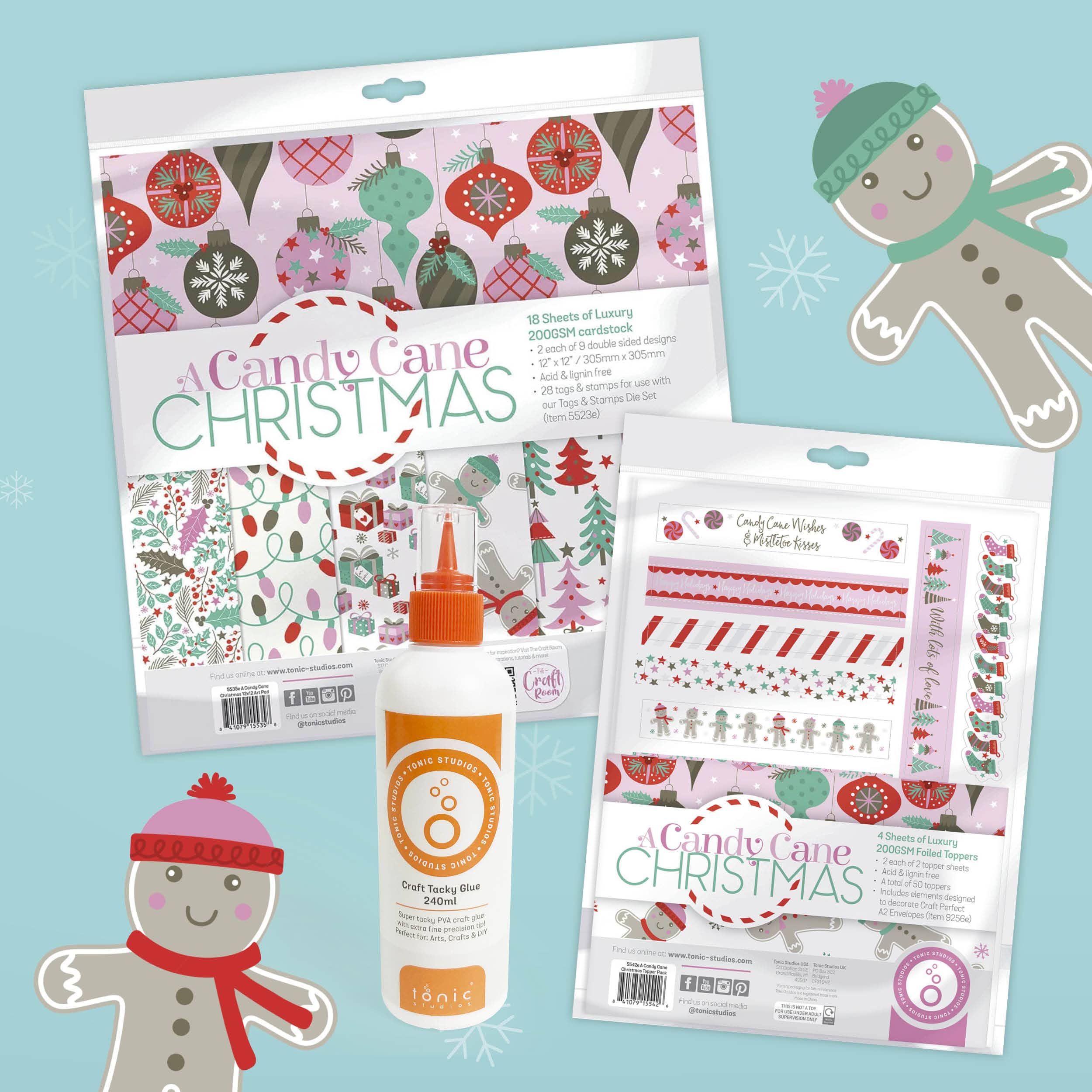 Tonic Studios Printed Papers Sweet Candy Cane Christmas Craft Bundle – 12″×12″ Paper Pad + Foil Topper Set + 240 ml Tacky Glue