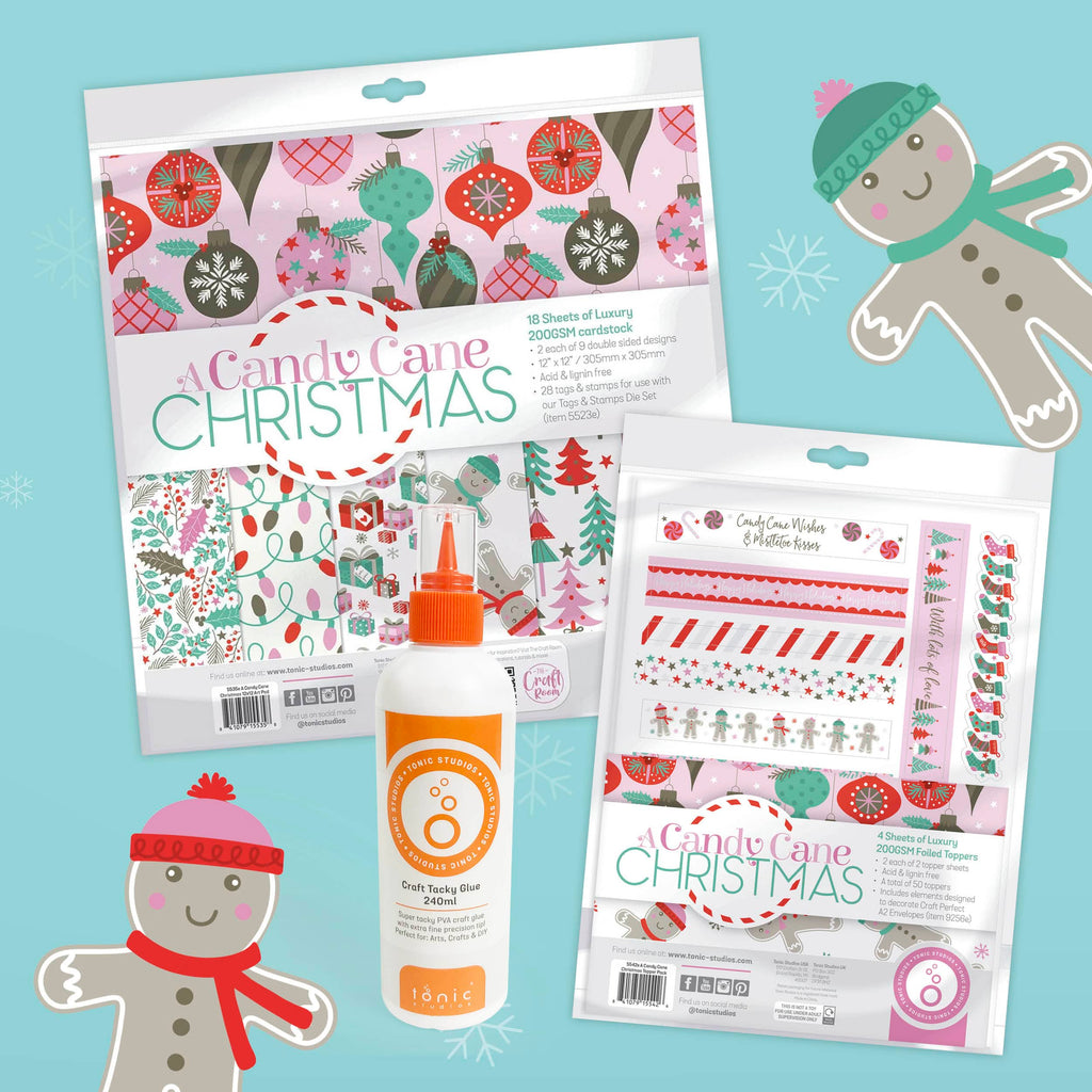 Tonic Studios Printed Papers Sweet Candy Cane Christmas Craft Bundle – 12″×12″ Paper Pad + Foil Topper Set + 240 ml Tacky Glue