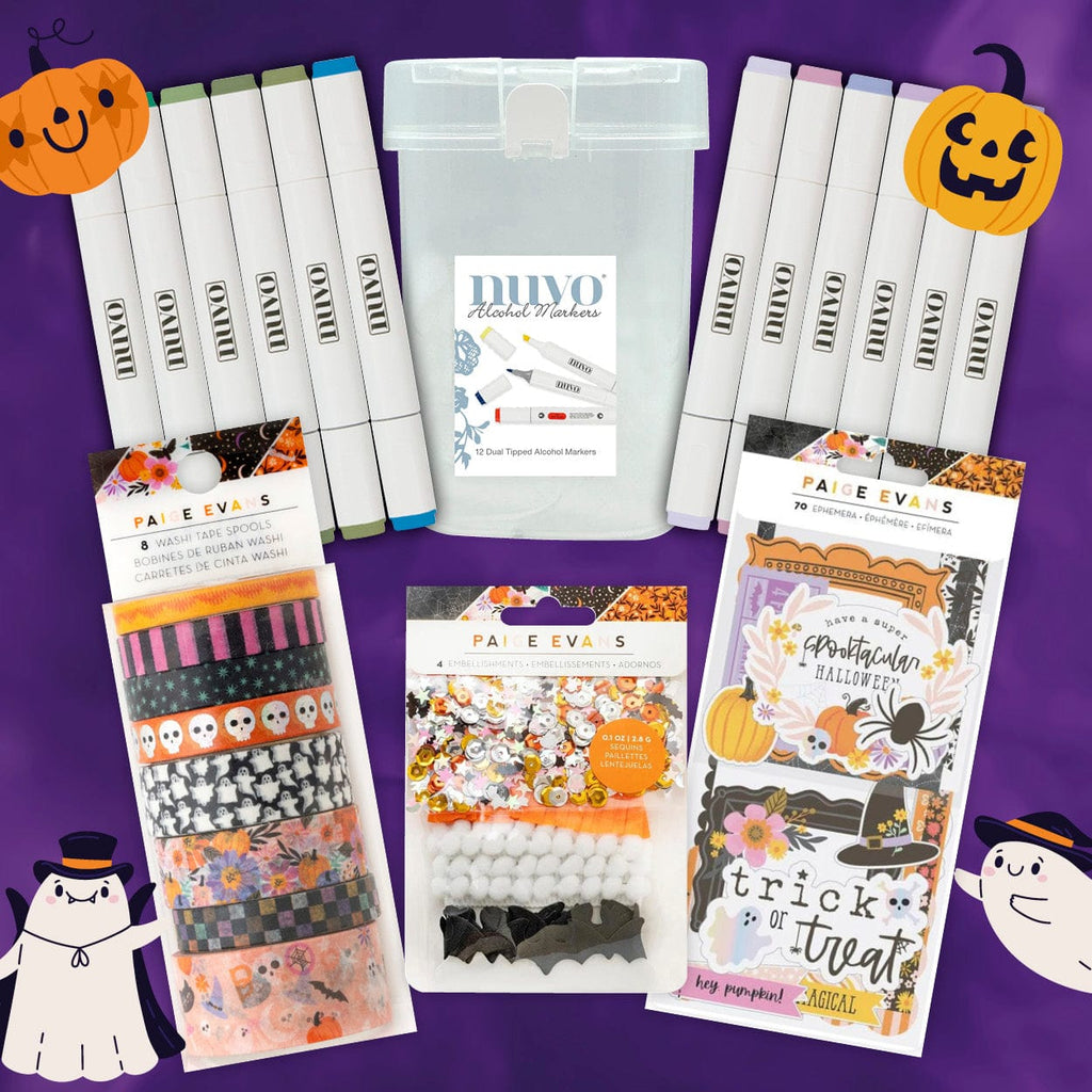 Tonic Studios Tonic Studios “Tricks & Treats” Halloween Craft Bundle – Washi Tape, Sequins & Trims, Ephemera, and Nuvo Alcohol Markers Set – Perfect for Halloween Scrapbooking, Cardmaking & DIY Crafts